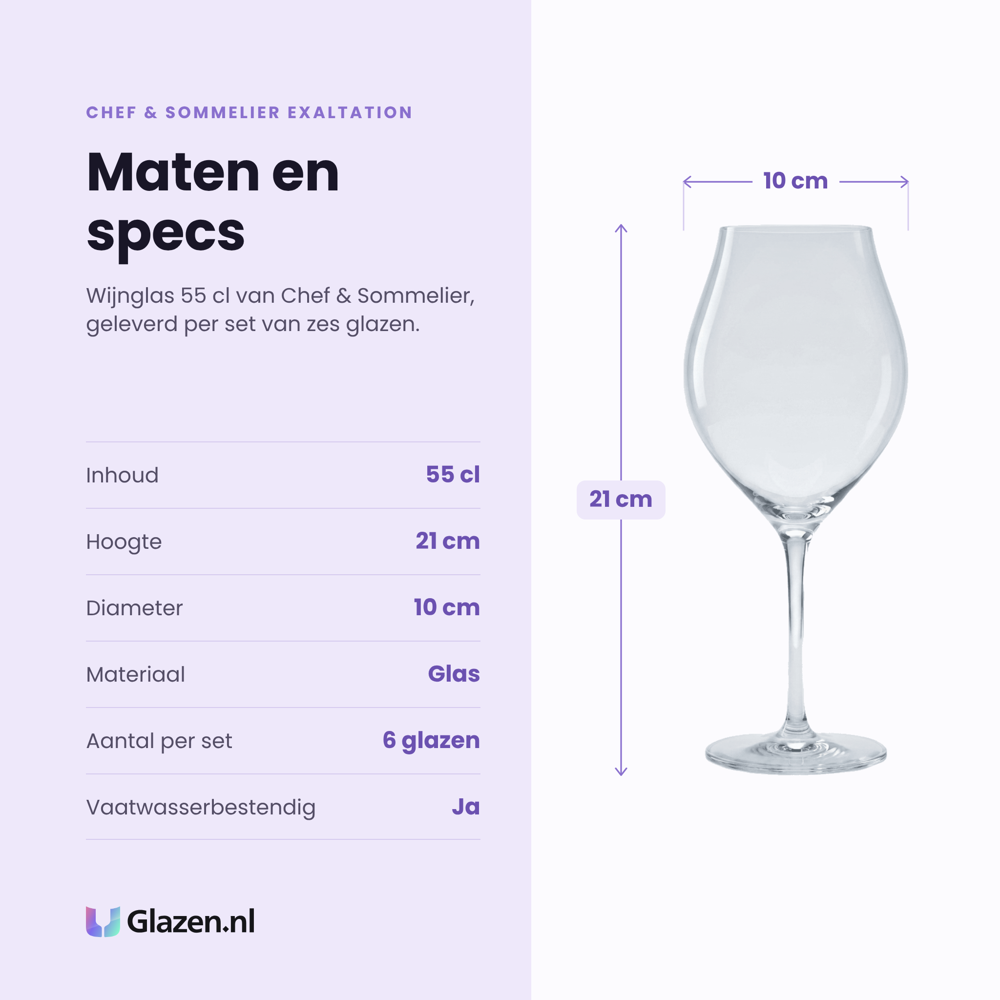 Chef & Sommelier Exaltation wijnglas 55 cl specificaties: inhoud 55 cl, hoogte 21 cm, diameter 10 cm, glas, set van 6