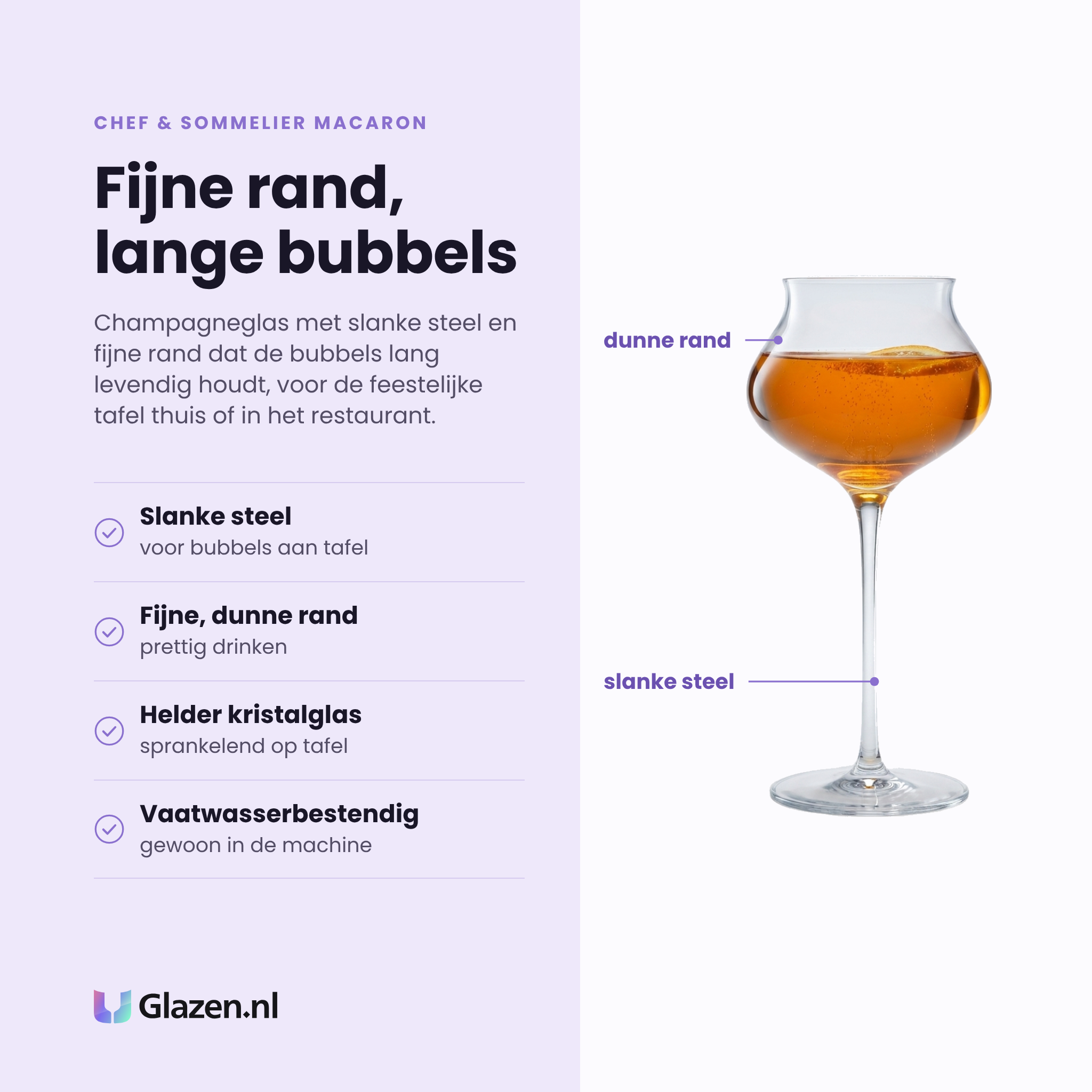 Chef & Sommelier Macaron champagneglas 30 cl eigenschappen: slanke steel, fijne dunne rand, helder kristalglas, vaatwasserbestendig