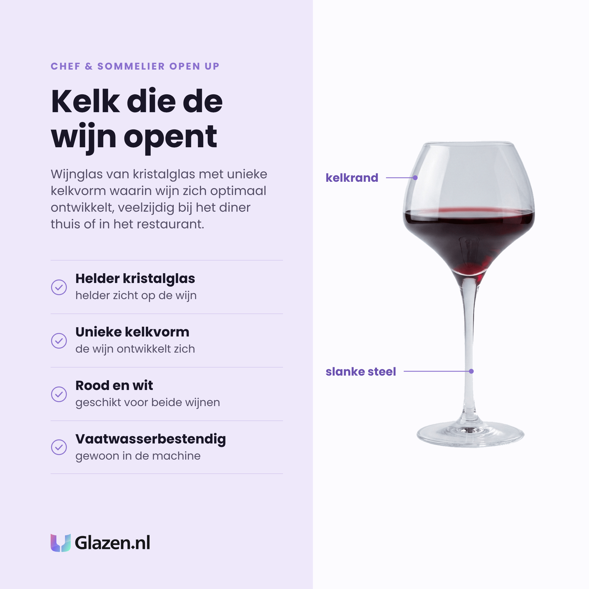 Chef & Sommelier Open Up wijnglas 47 cl eigenschappen: helder kristalglas, unieke kelkvorm ontwikkelt de wijn, geschikt voor rood en wit, vaatwasserbestendig