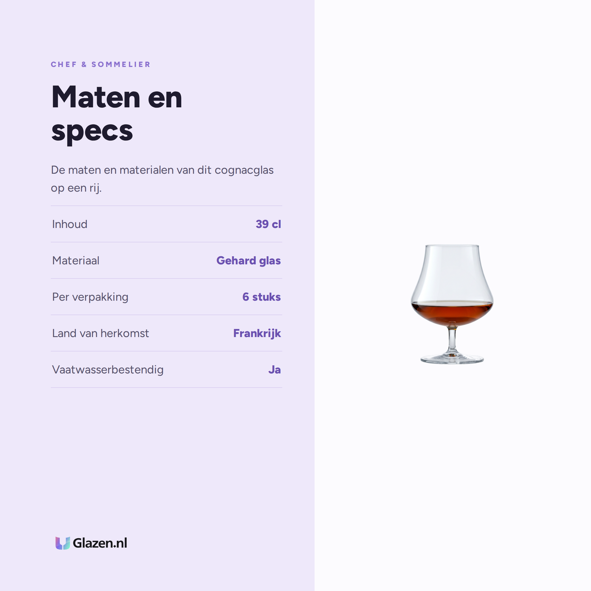 Maten en specificaties van de Chef & Sommelier Open Up Ardent Cognacglas 39 Cl - 6 Stuks