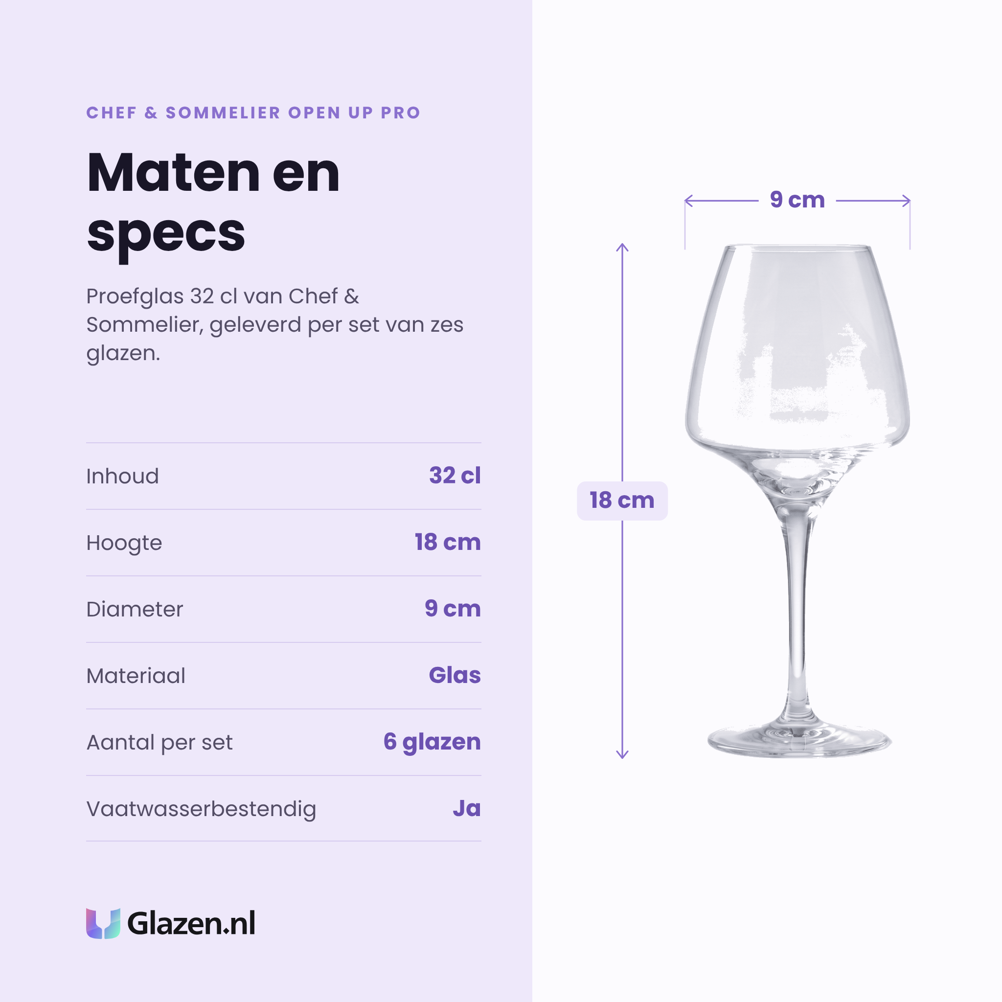 Chef & Sommelier Open Up Pro proefglas 32 cl specificaties: inhoud 32 cl, hoogte 18 cm, diameter 9 cm, glas, set van 6