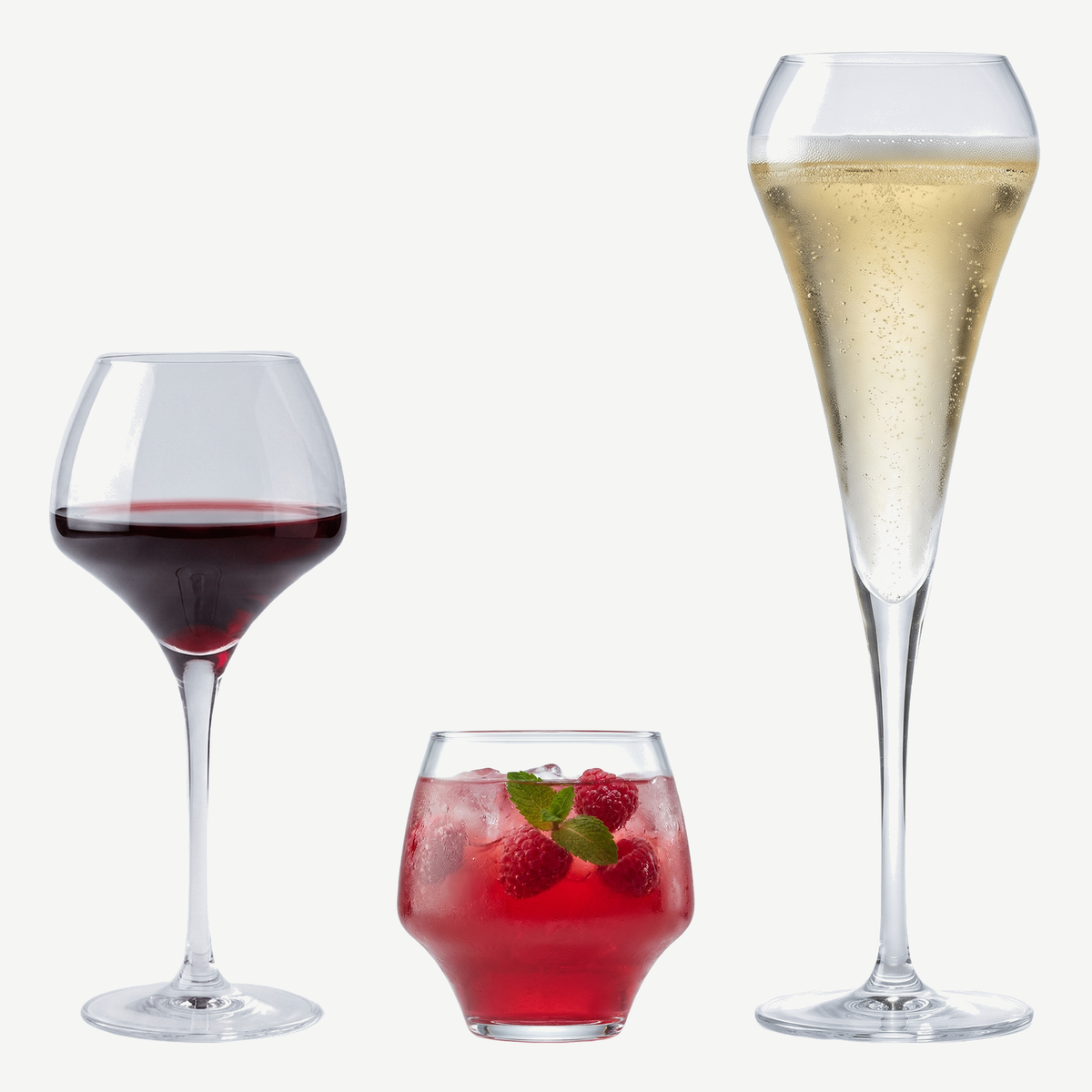 Chef en Sommelier Open Up tafelset met wijnglas, tumbler en champagneflute gevuld