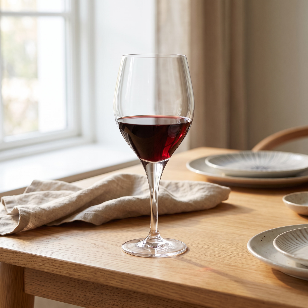 Chef & Sommelier Sensation Exalt Wijnglas 41 Cl met rode wijn op een eikenhouten tafel