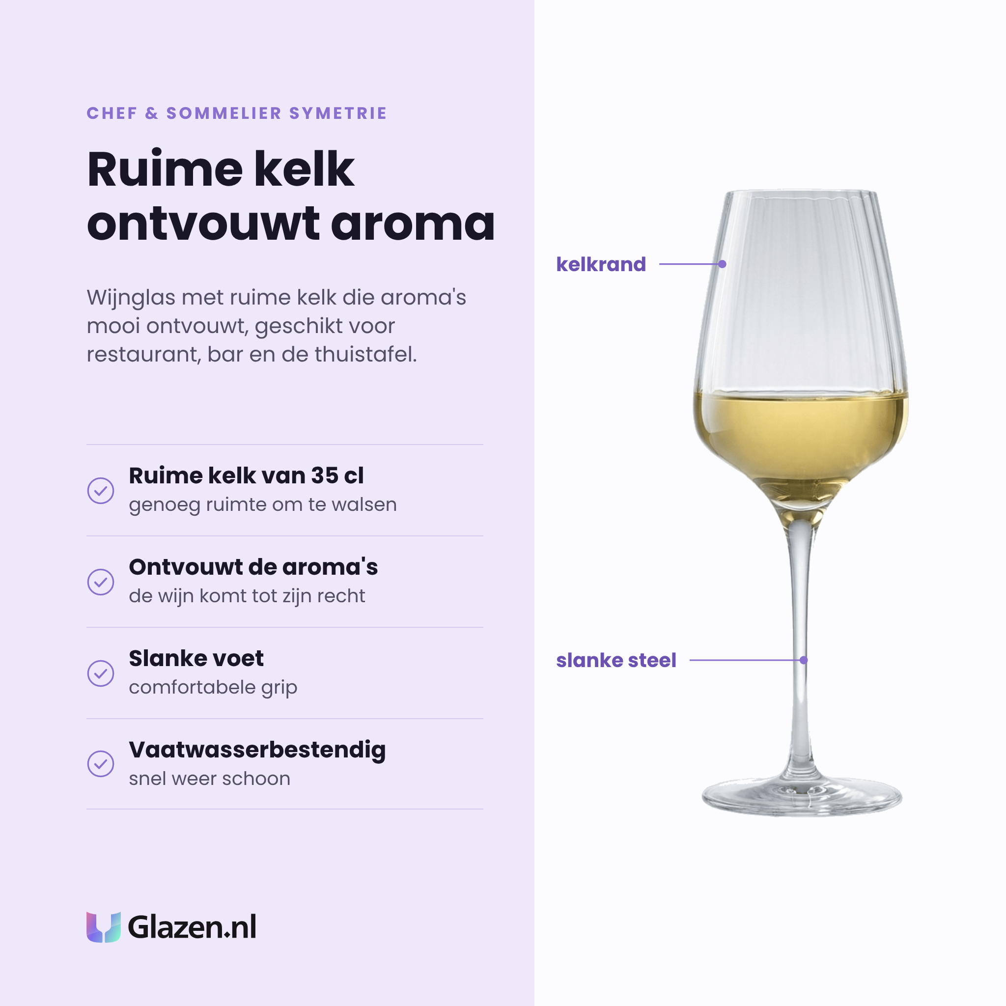Chef & Sommelier Symetrie wijnglas 35 cl eigenschappen: ruime kelk van 35 cl, ontvouwt de aroma's, slanke voet met comfortabele grip, vaatwasserbestendig