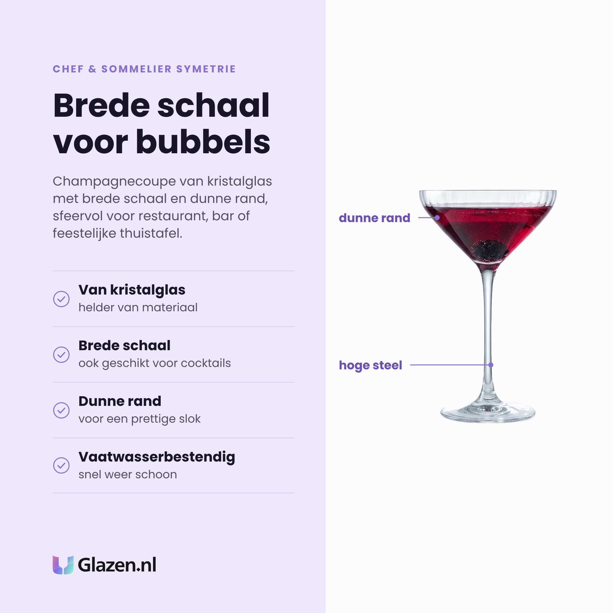 Chef & Sommelier Symetrie champagnecoupe 21 cl eigenschappen: brede schaal ook voor cocktails, dunne rand voor een prettige slok, helder glas, vaatwasserbestendig