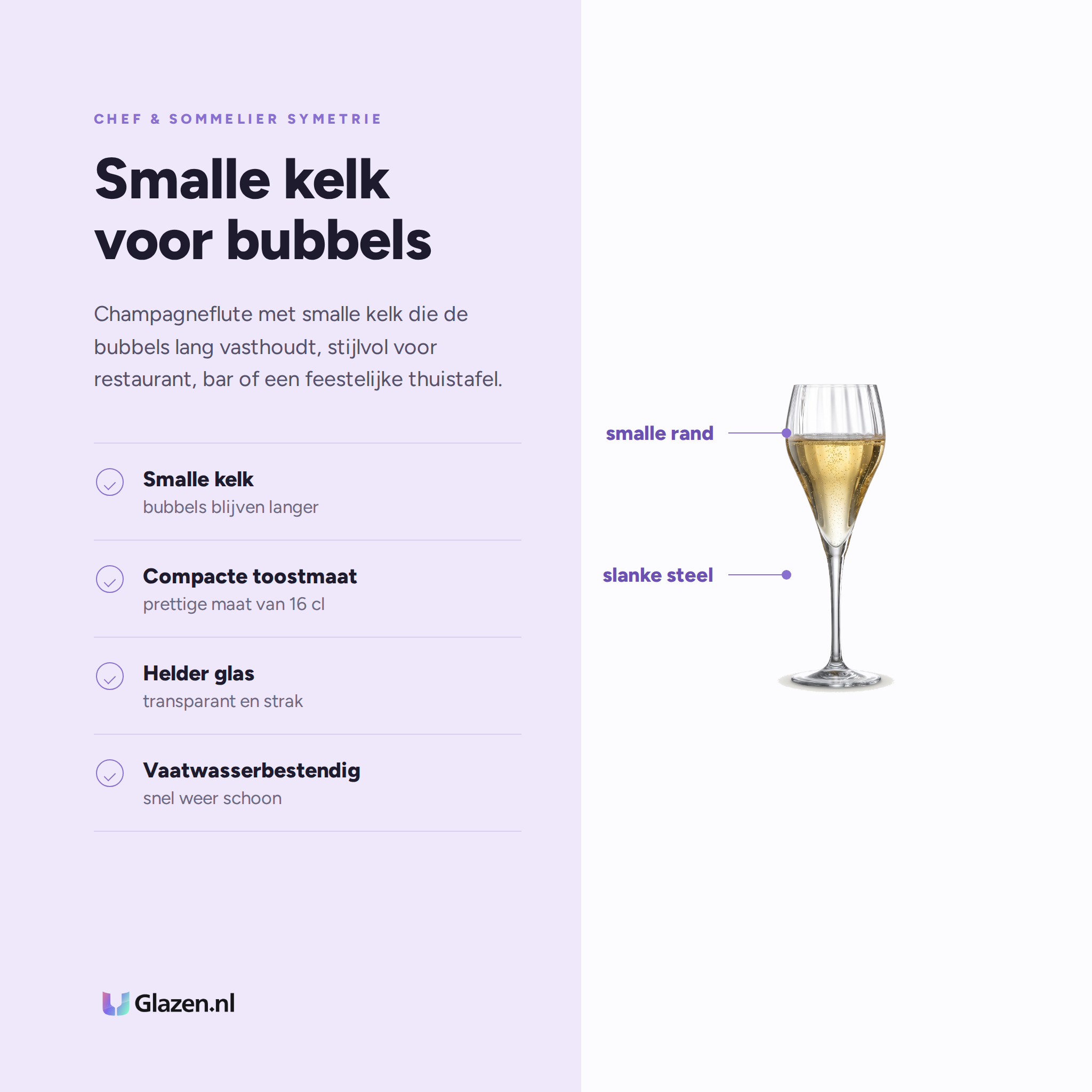 Chef & Sommelier Symetrie Champagneglas / Flute 16 Cl eigenschappen: smalle kelk, compacte toostmaat, helder glas, vaatwasserbestendig