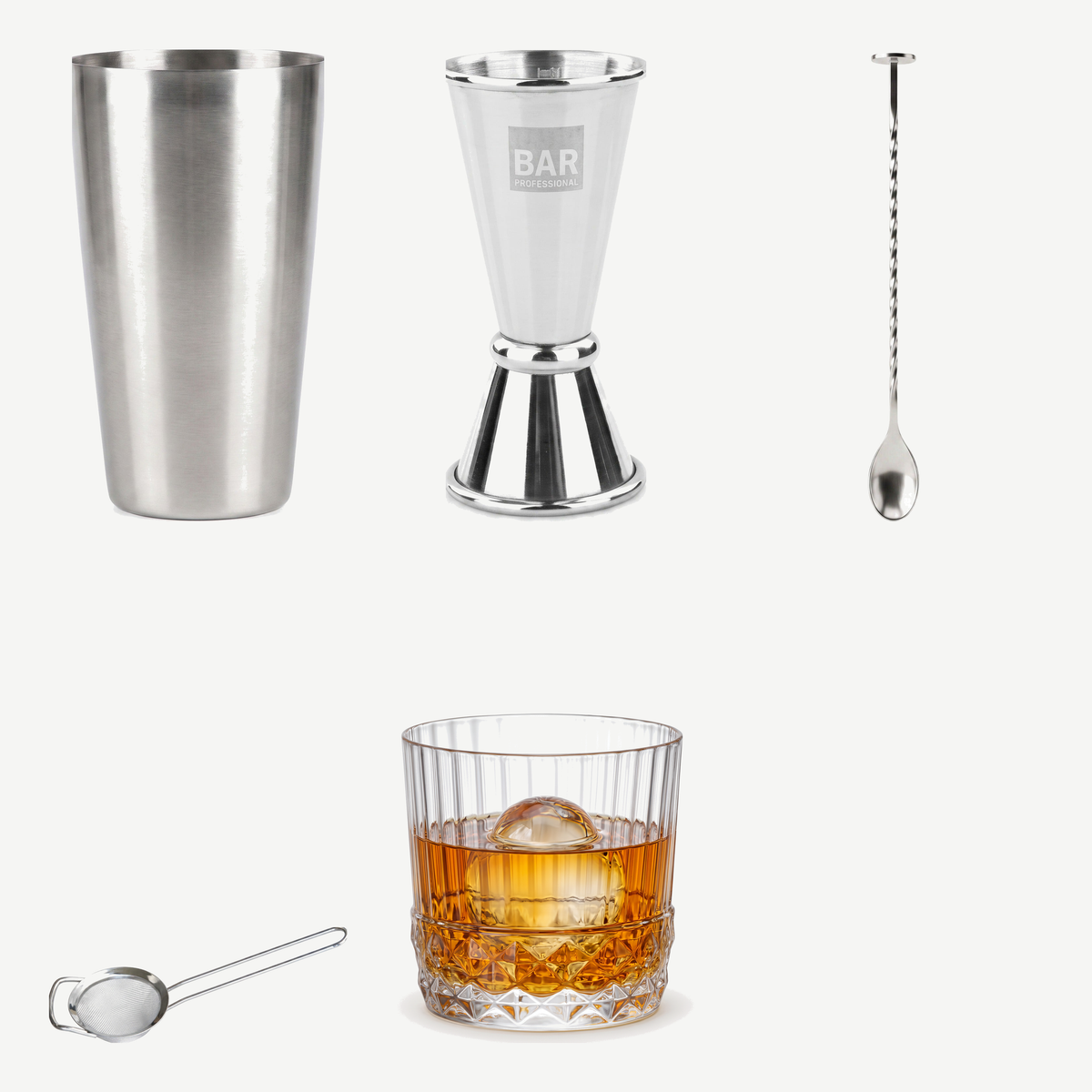 Cocktailbox starter met Boston shaker, jigger, barlepel, zeef en tumbler
