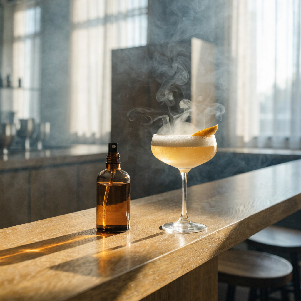 Aromaspray met fijne nevel boven een cocktail in een coupeglas - Glazen.nl