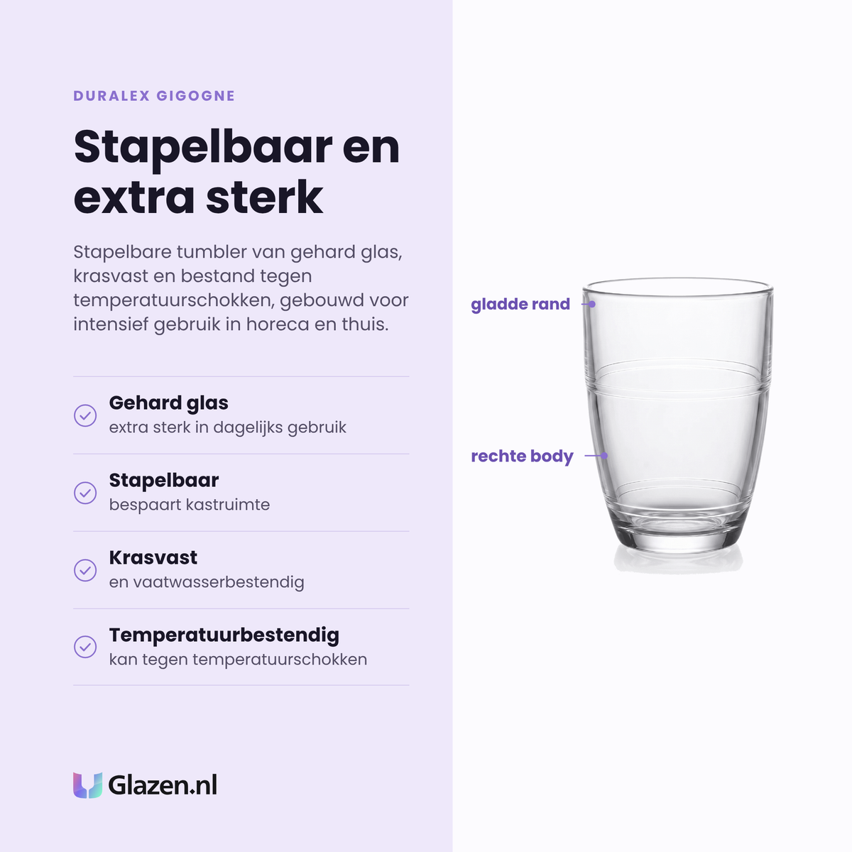 Duralex Gigogne tumbler 36 cl eigenschappen: gehard glas, stapelbaar, krasvast, bestand tegen temperatuurschokken