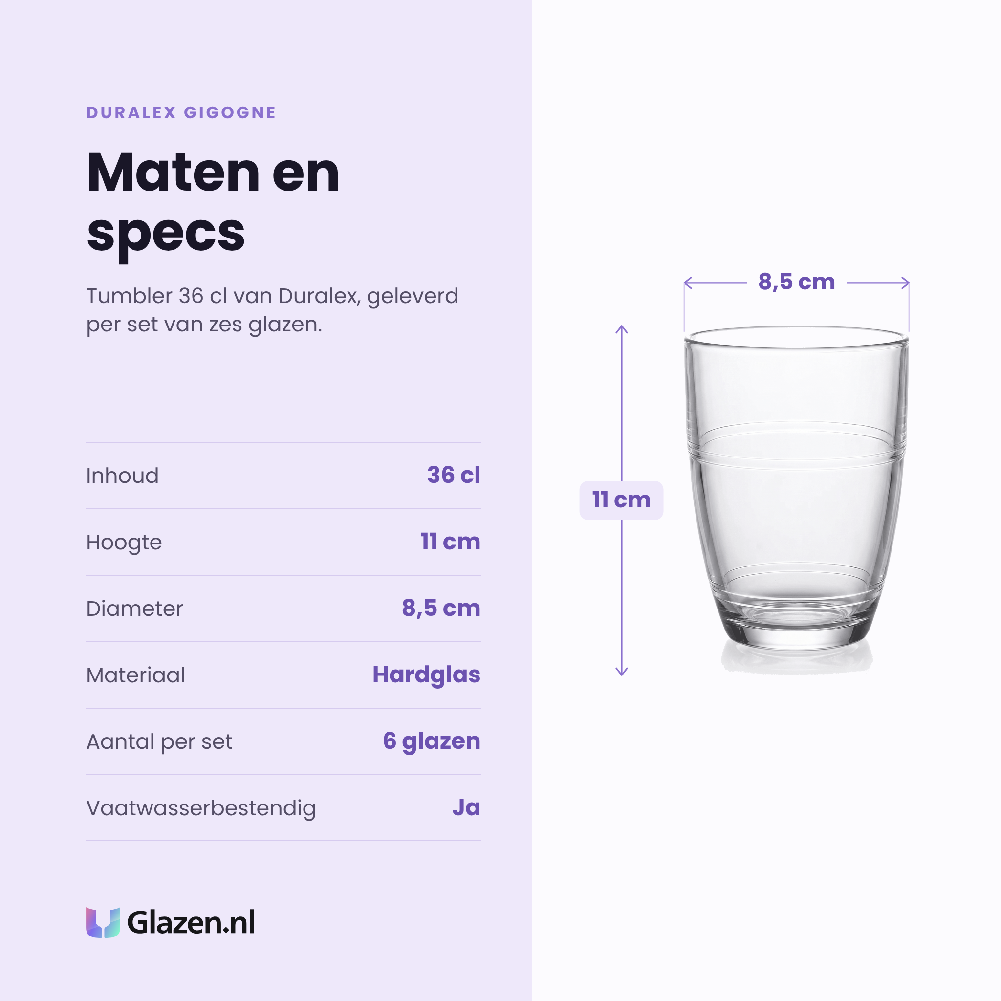 Duralex Gigogne tumbler 36 cl specificaties: inhoud 36 cl, hoogte 11 cm, diameter 8,5 cm, hardglas, set van 6