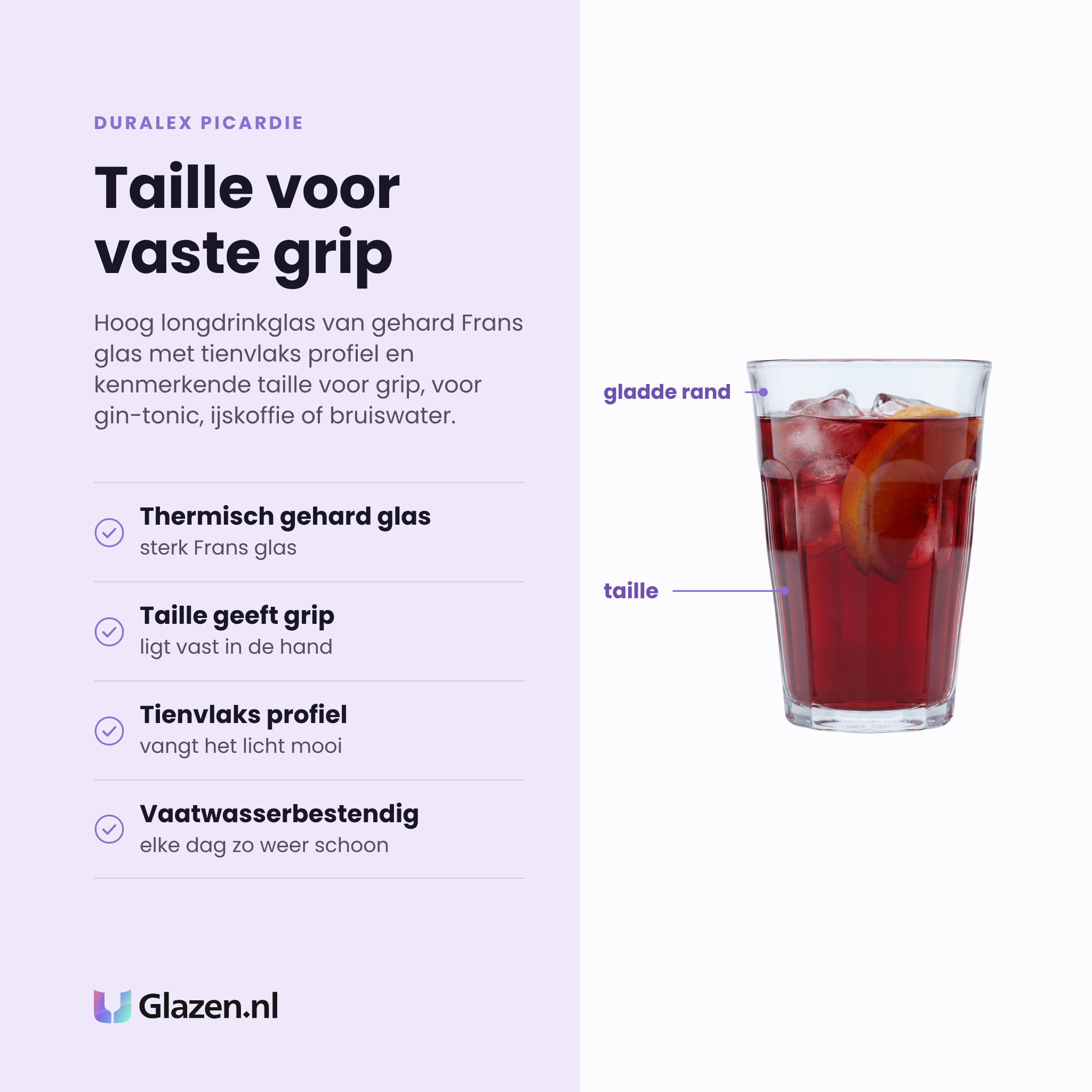 Duralex Picardie longdrinkglas 36 cl eigenschappen: thermisch gehard glas, taille geeft grip, tienvlaks profiel vangt licht, vaatwasserbestendig