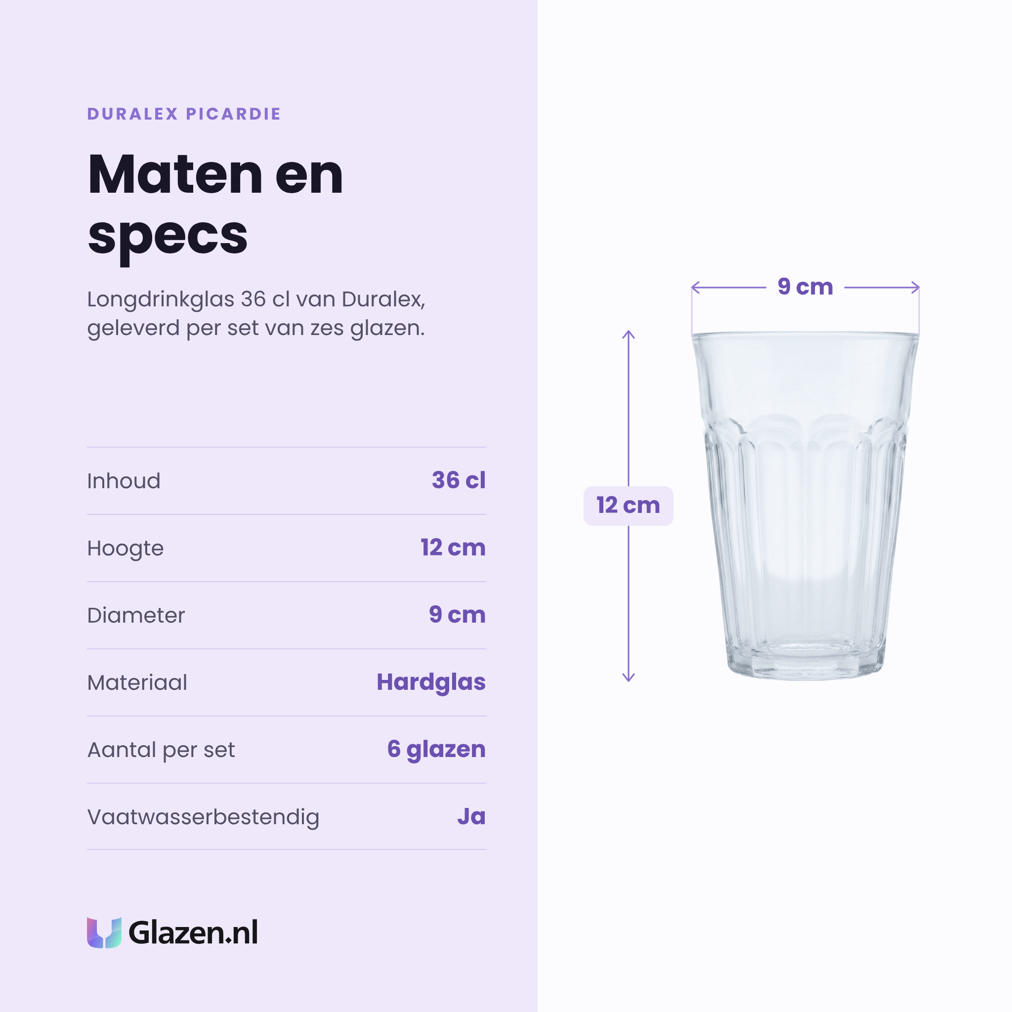 Duralex Picardie longdrinkglas 36 cl specificaties: inhoud 36 cl, hoogte 12 cm, diameter 9 cm, hardglas, set van 6