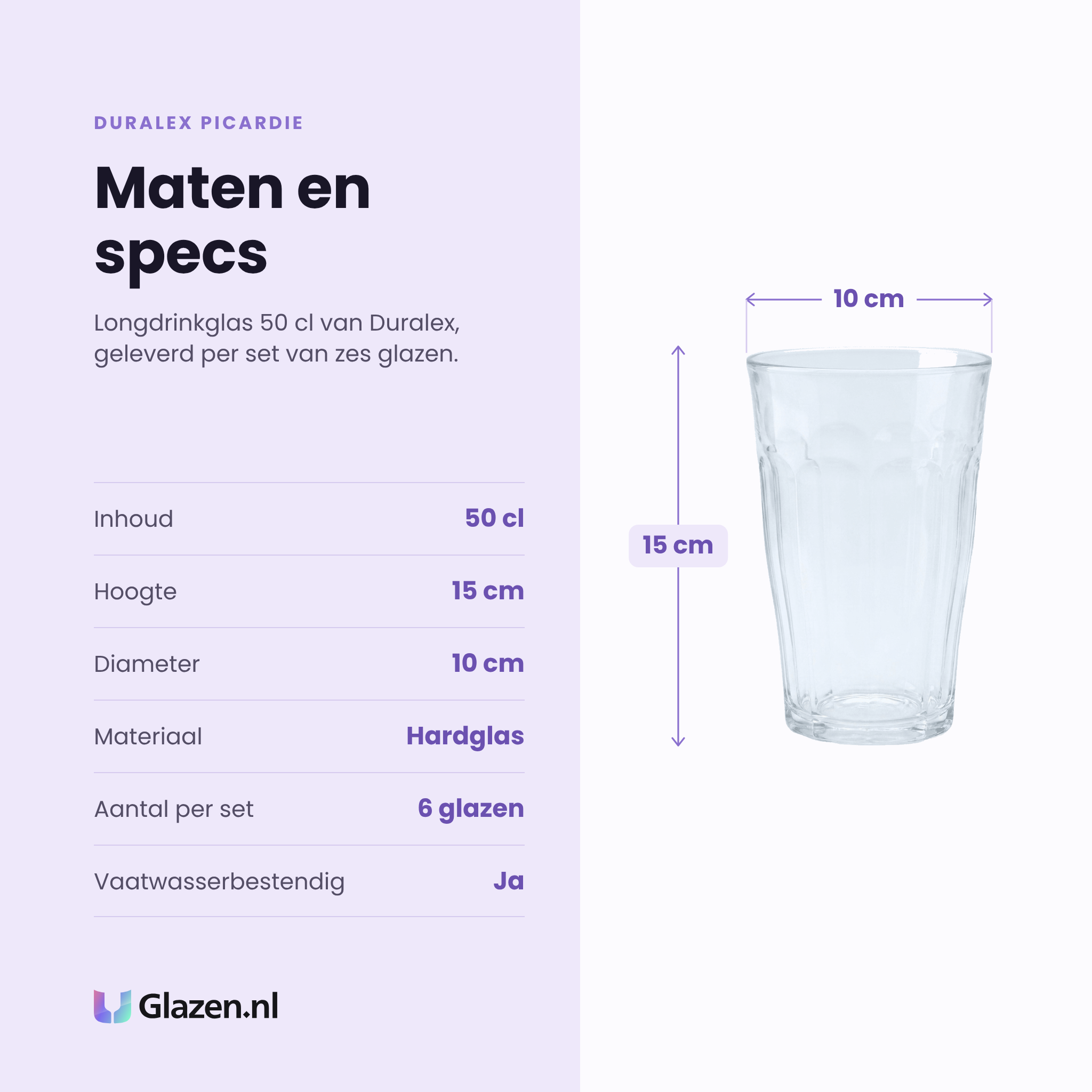 Duralex Picardie longdrinkglas 50 cl specificaties: inhoud 50 cl, hoogte 15 cm, diameter 10 cm, hardglas, set van 6