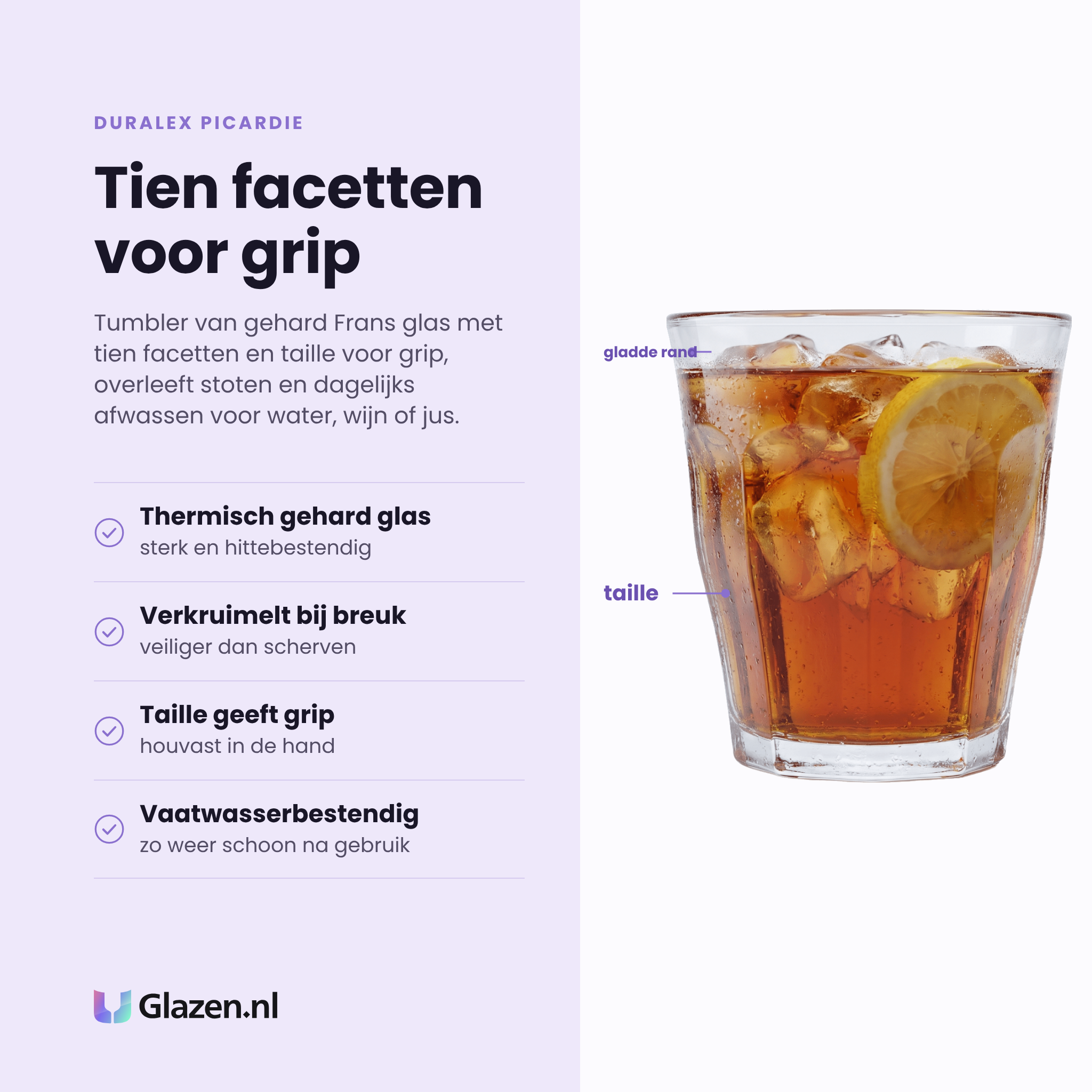 Duralex Picardie tumbler 20 cl eigenschappen: thermisch gehard glas, verkruimelt bij breuk, taille geeft grip, vaatwasserbestendig