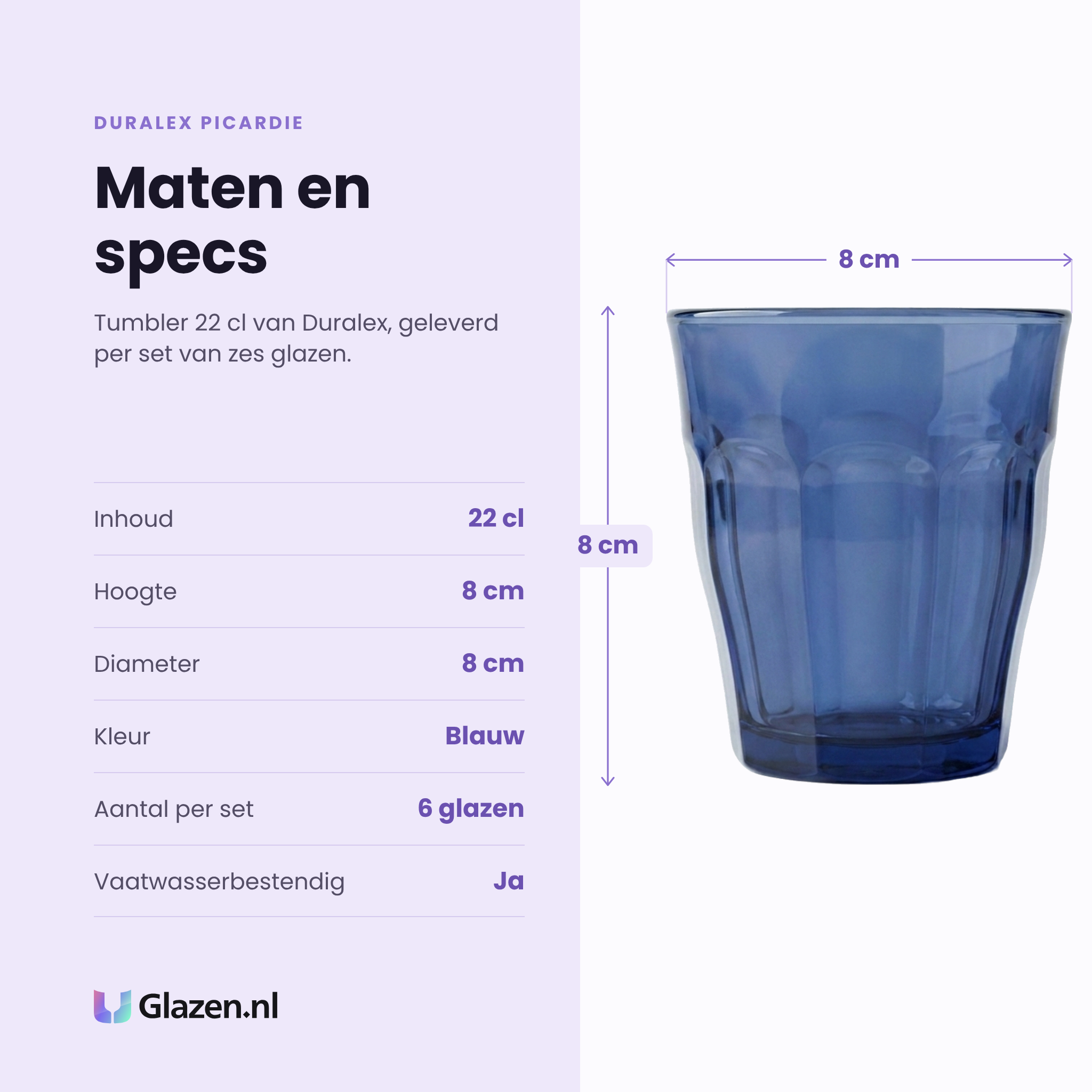 Duralex Picardie tumbler 22 cl specificaties: inhoud 22 cl, hoogte 8 cm, diameter 8 cm, blauw, set van 6