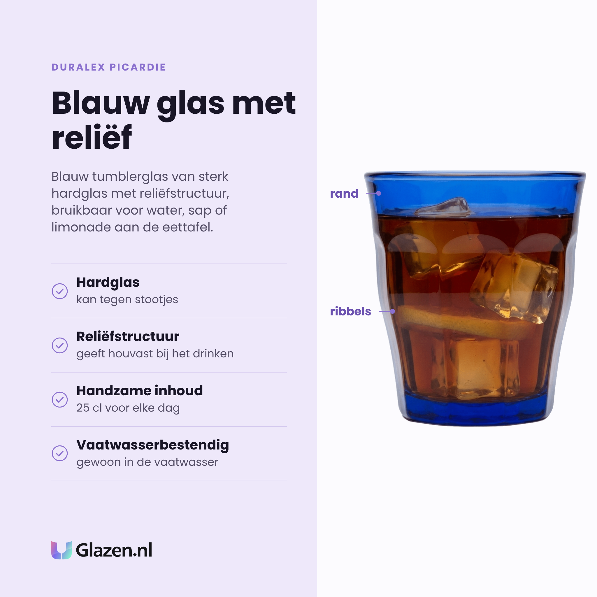 Duralex Picardie tumbler 25 cl blauw eigenschappen: hardglas kan tegen stootjes, reliëfstructuur voor houvast, handzame inhoud, vaatwasserbestendig