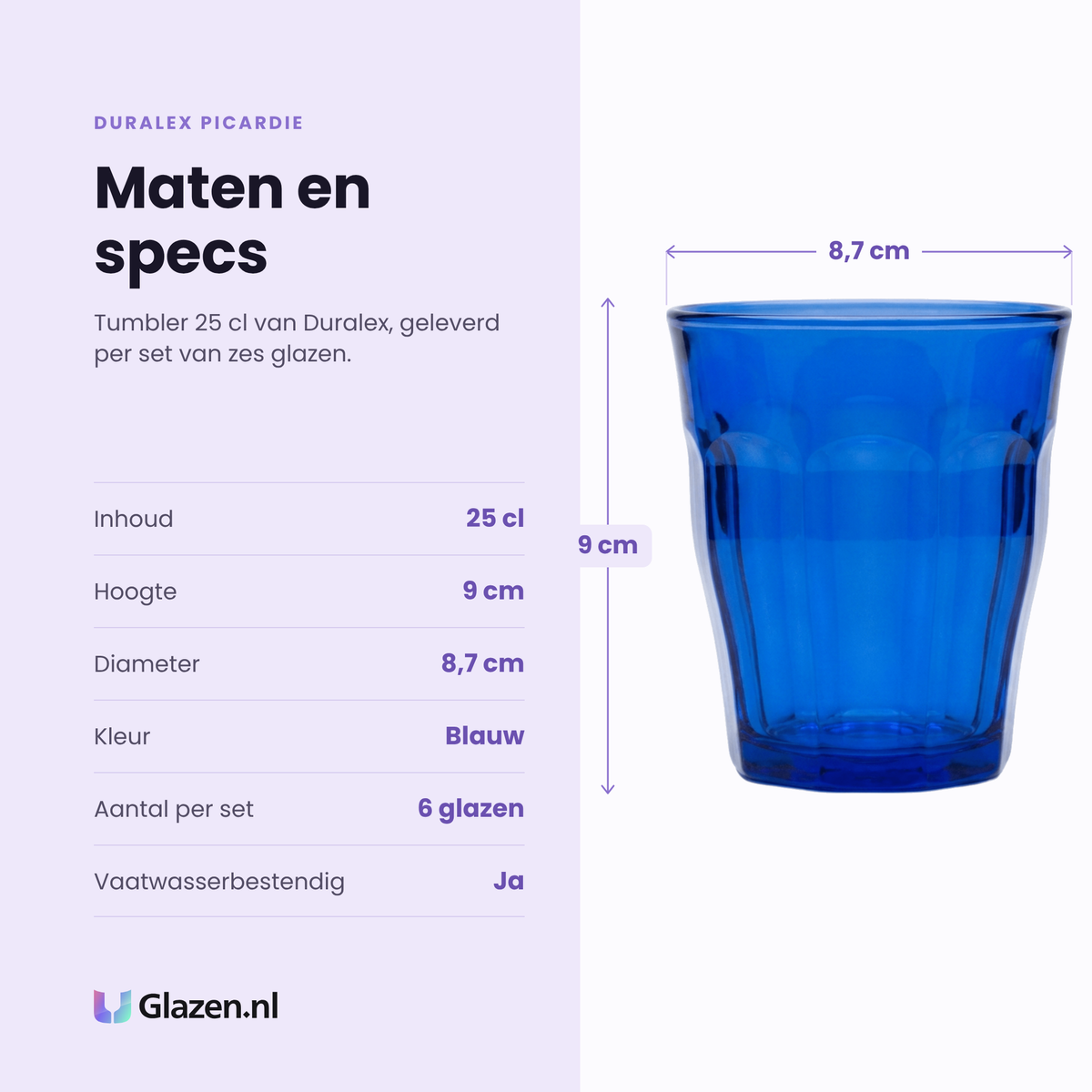 Duralex Picardie tumbler 25 cl blauw specificaties: inhoud 25 cl, hoogte 9 cm, diameter 8,7 cm, blauw glas, set van 6
