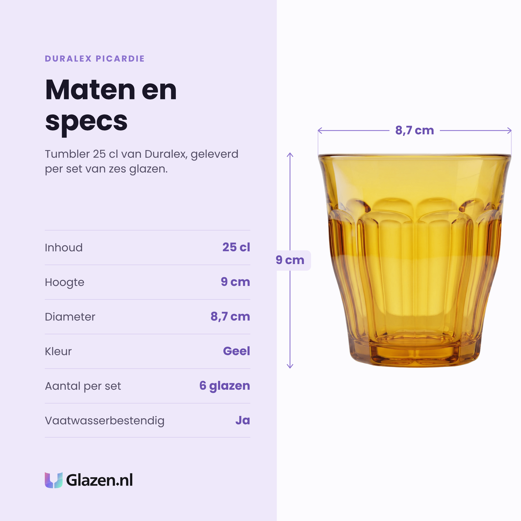 Duralex Picardie tumbler 25 cl geel specificaties: inhoud 25 cl, hoogte 9 cm, diameter 8,7 cm, geel glas, set van 6