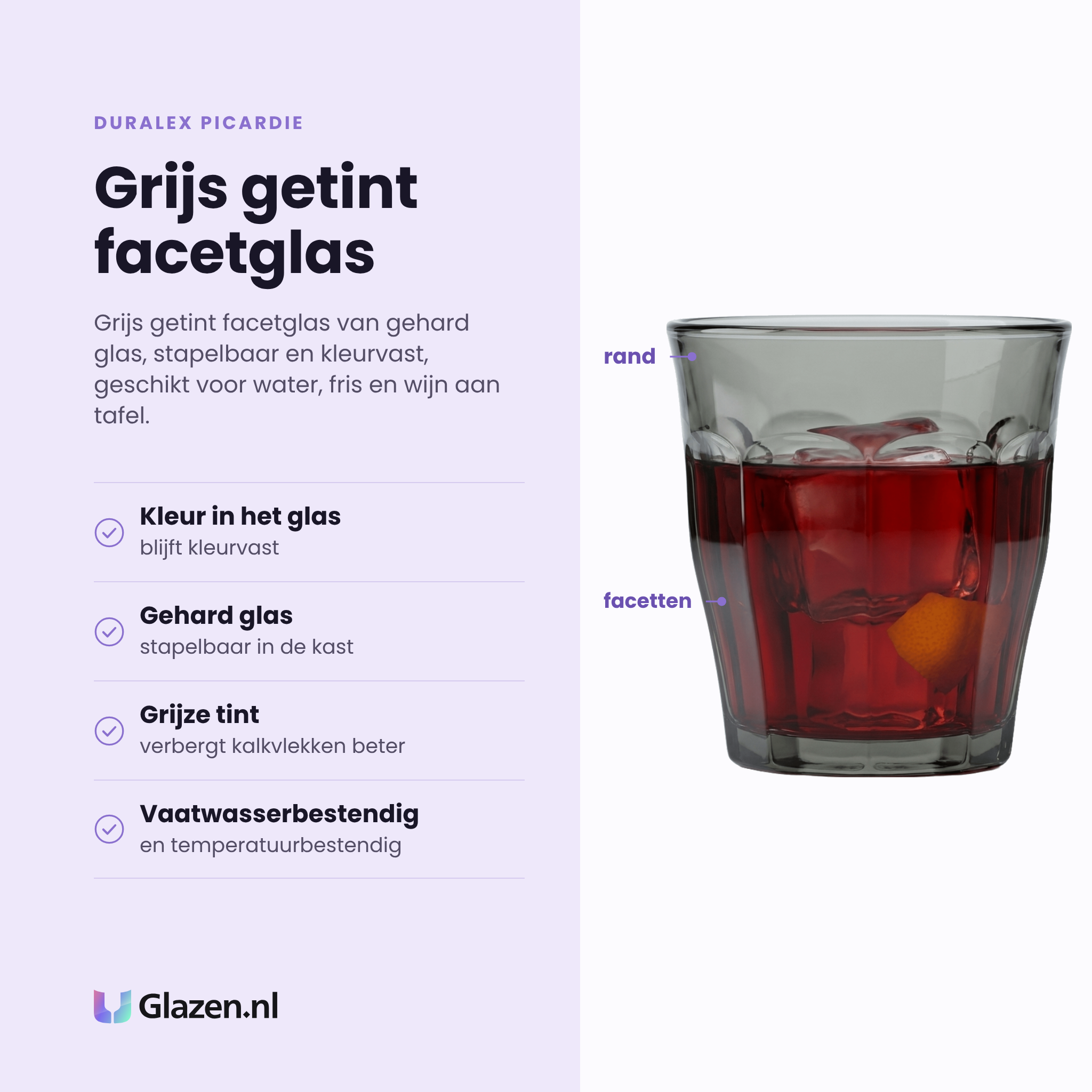 Duralex Picardie tumbler 25 cl grijs eigenschappen: kleur zit in het glas, gehard en stapelbaar, grijze tint verbergt kalkvlekken, vaatwasserbestendig
