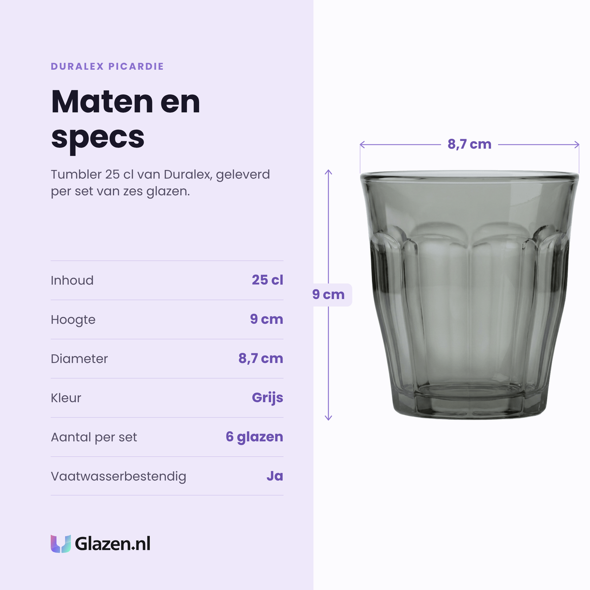 Duralex Picardie tumbler 25 cl grijs specificaties: inhoud 25 cl, hoogte 9 cm, diameter 8,7 cm, grijs, set van 6