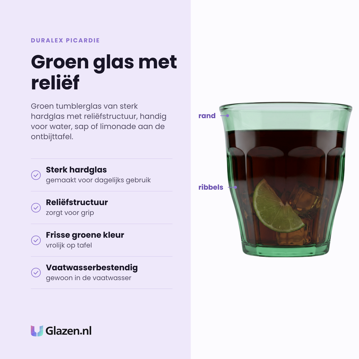 Duralex Picardie tumbler 25 cl groen eigenschappen: sterk hardglas, reliëfstructuur voor grip, frisse groene kleur, vaatwasserbestendig