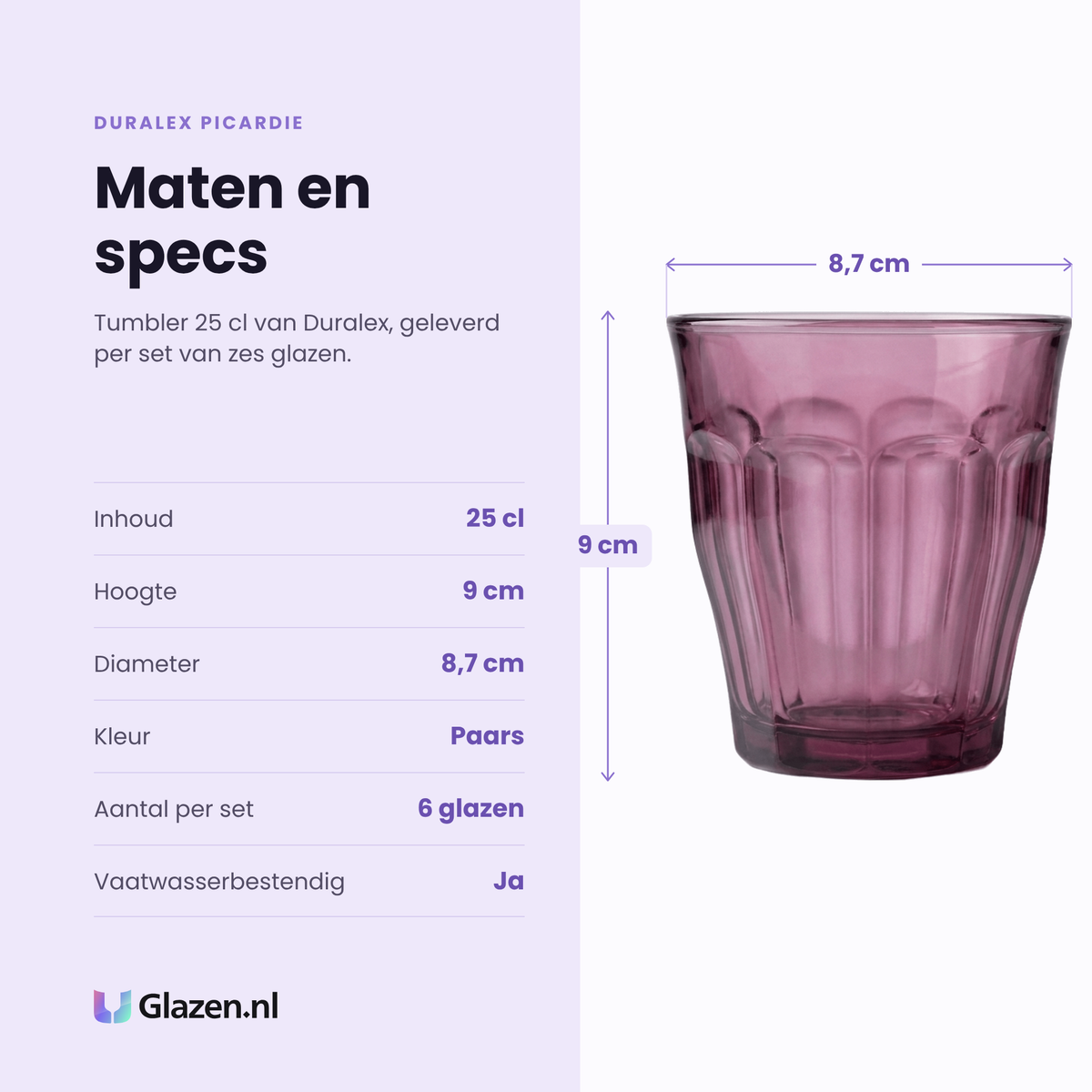 Duralex Picardie tumbler 25 cl paars specificaties: inhoud 25 cl, hoogte 9 cm, diameter 8,7 cm, paars glas, set van 6