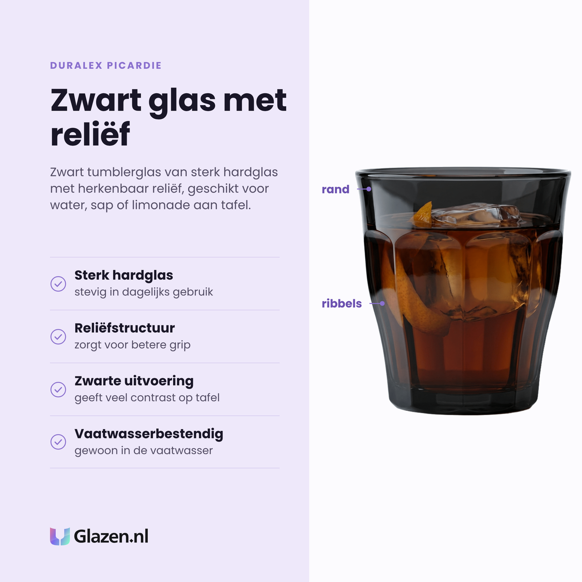Duralex Picardie tumbler 25 cl zwart eigenschappen: sterk hardglas, reliëfstructuur voor grip, zwarte uitvoering, vaatwasserbestendig