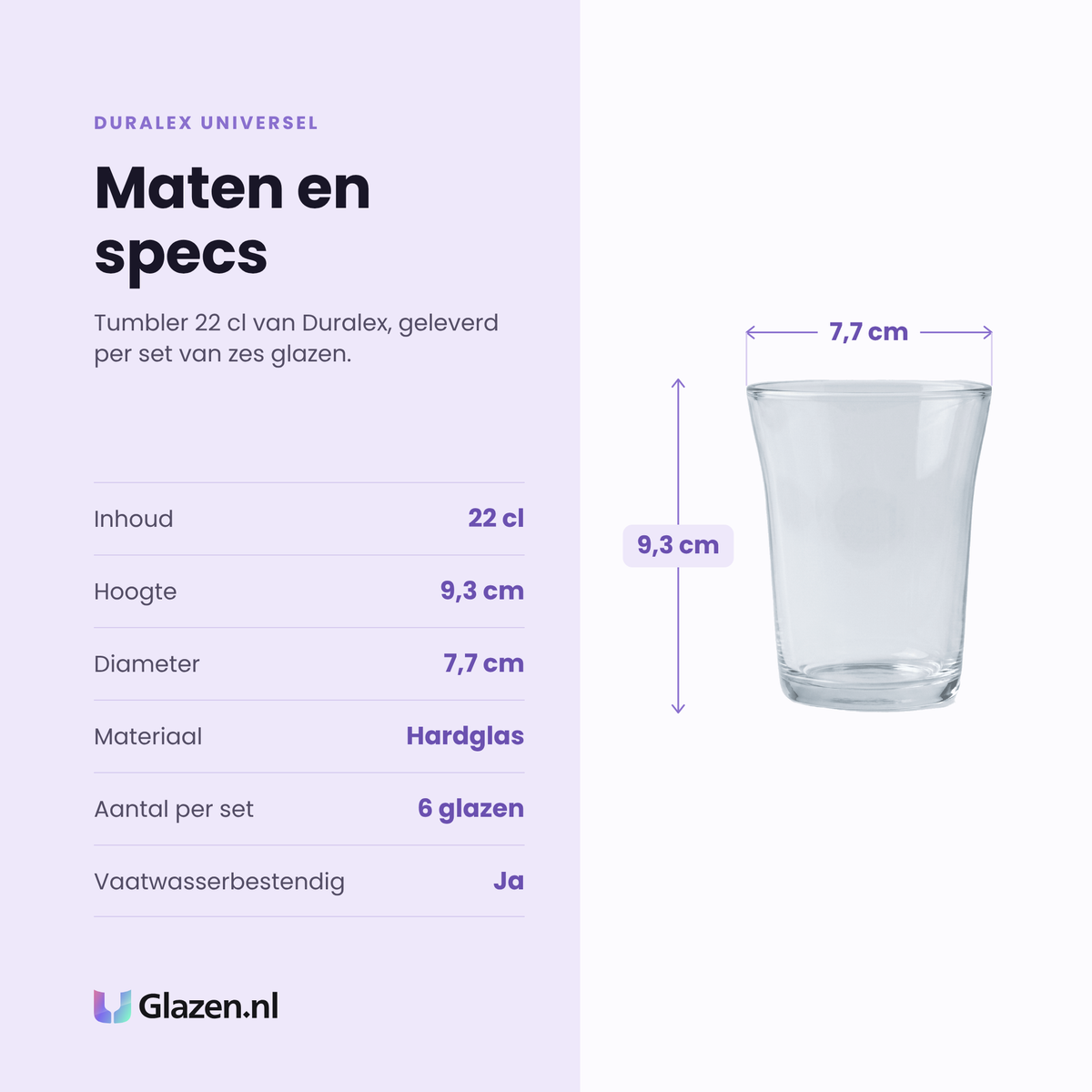 Duralex Universel tumbler 22 cl specificaties: inhoud 22 cl, hoogte 9,3 cm, diameter 7,7 cm, hardglas, set van 6