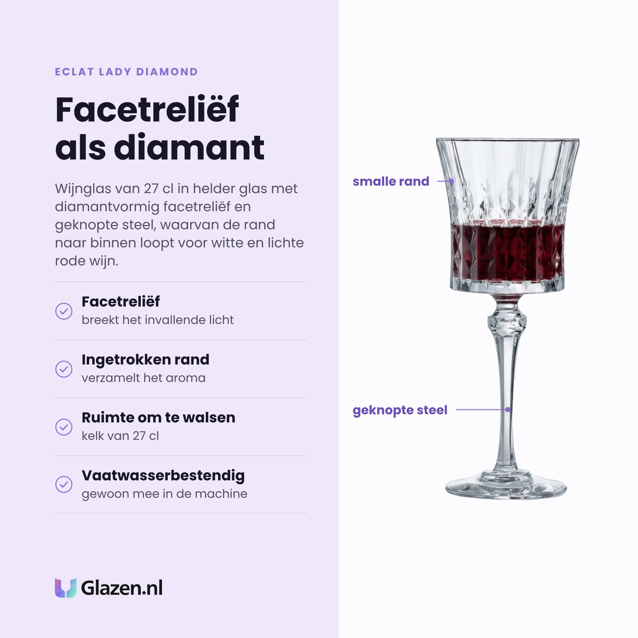 Eclat Lady Diamond wijnglas 27 cl eigenschappen: facetreliëf, ingetrokken rand, ruimte om te walsen, vaatwasserbestendig