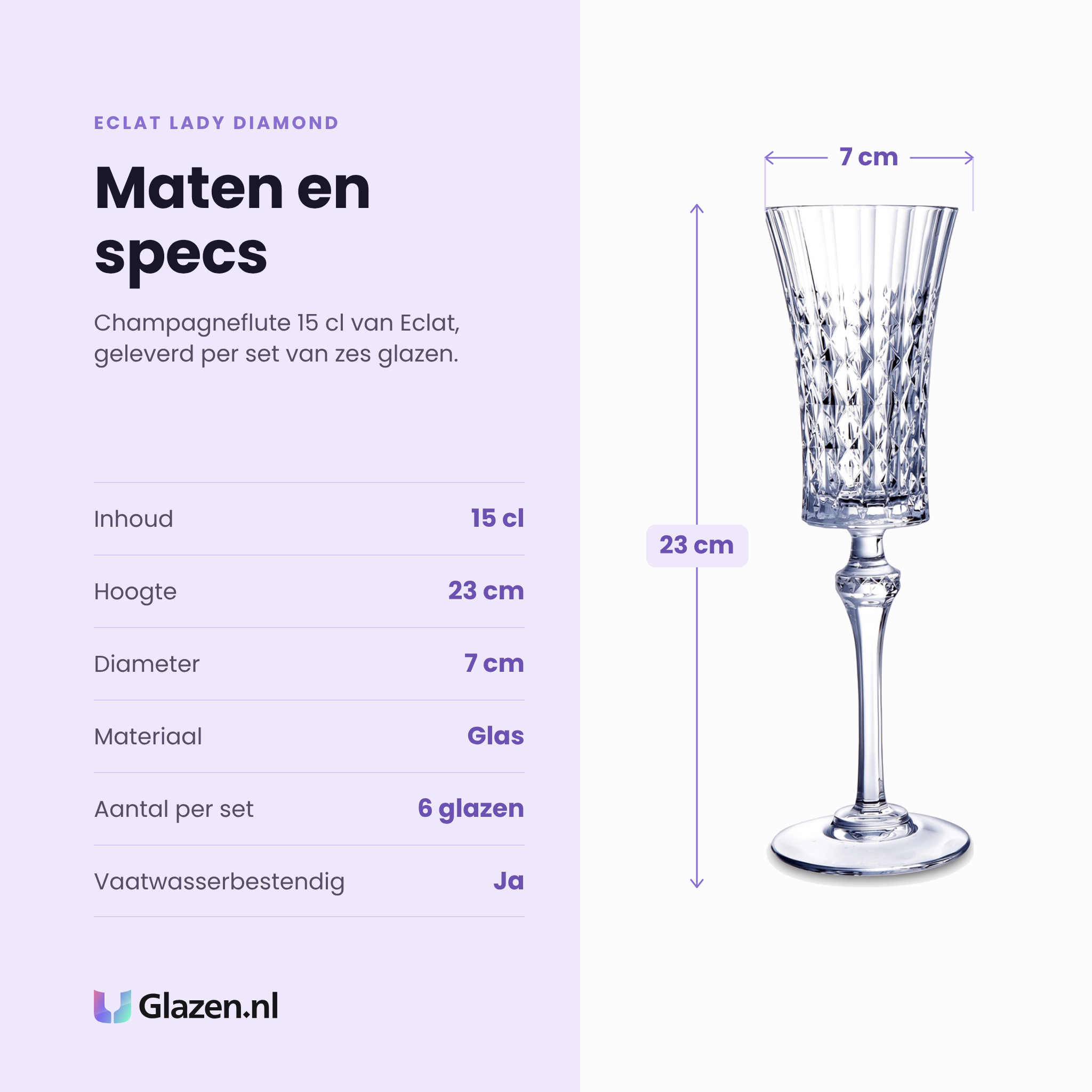 Eclat Lady Diamond champagneflute 15 cl specificaties: inhoud 15 cl, hoogte 23 cm, diameter 7 cm, glas, set van 6