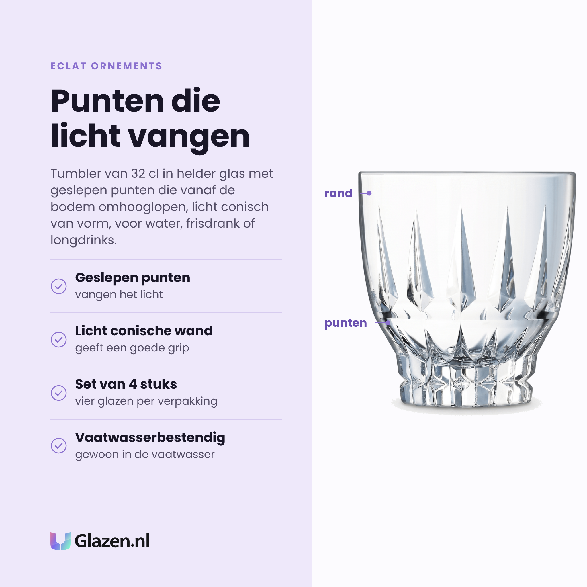 Eclat Ornements tumbler 32 cl eigenschappen: geslepen punten, licht conische wand, set van 4 stuks, vaatwasserbestendig