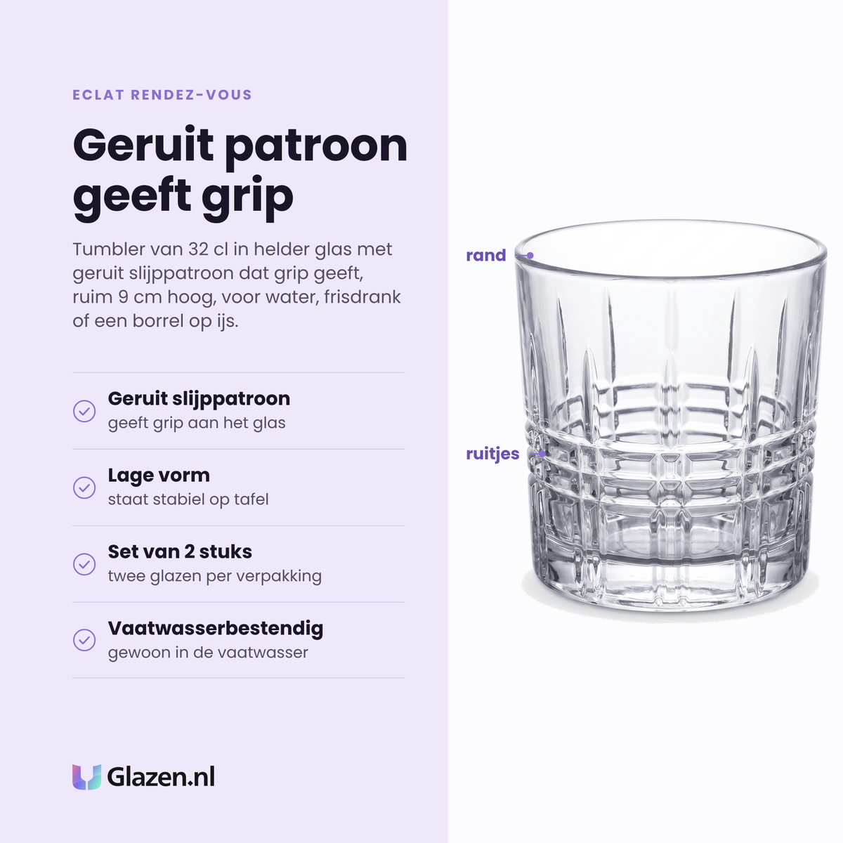 Eclat Rendez-Vous tumbler 32 cl eigenschappen: geruit slijppatroon, lage stabiele vorm, set van 2 stuks, vaatwasserbestendig
