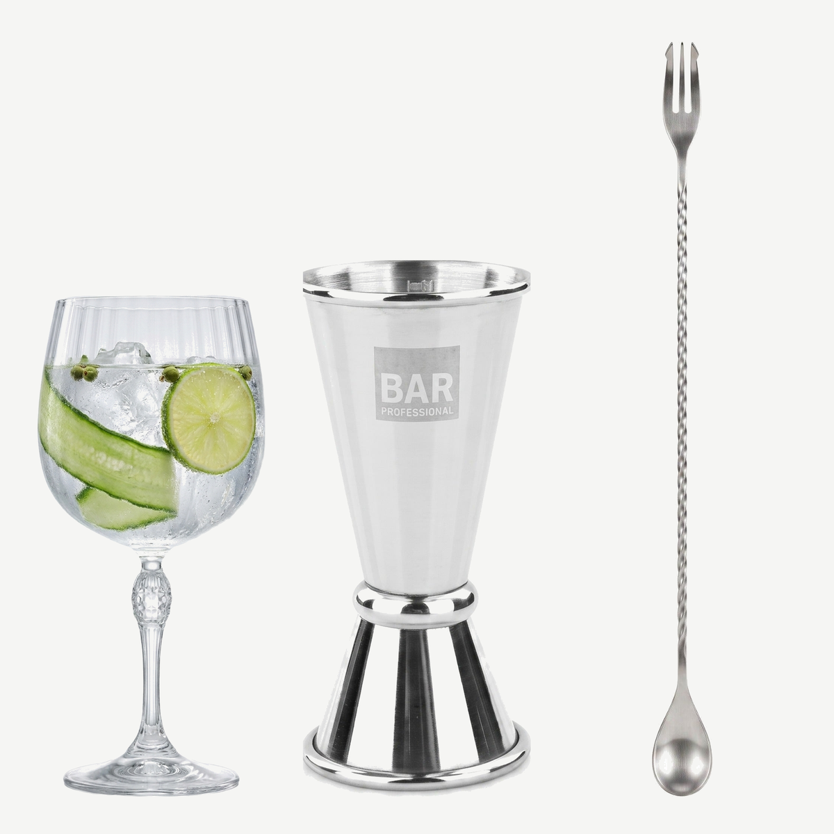 Gin tonic box met ballonglas, jigger en barlepel