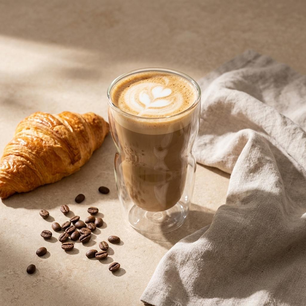 Luigi Bormioli Thermic glas 34 cl met cappuccino, croissant en koffiebonen