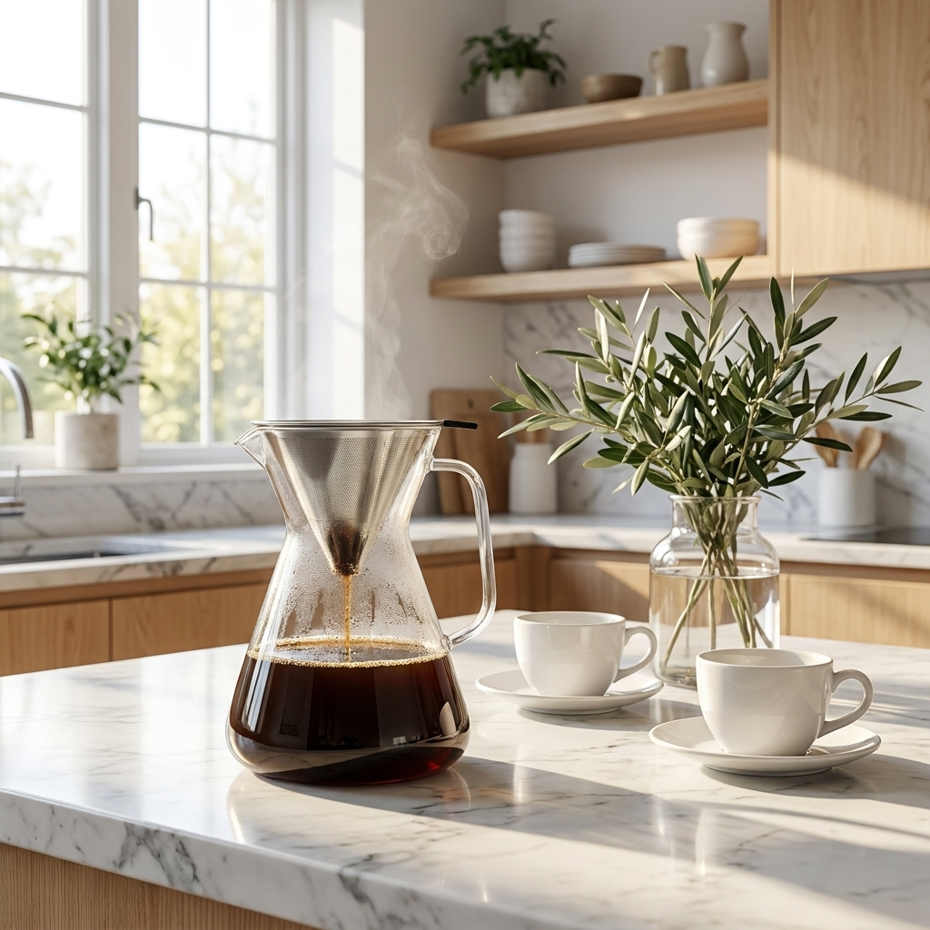Luigi Bormioli Thermic koffiemaker 1L met verse koffie op marmeren aanrecht in ochtendlicht