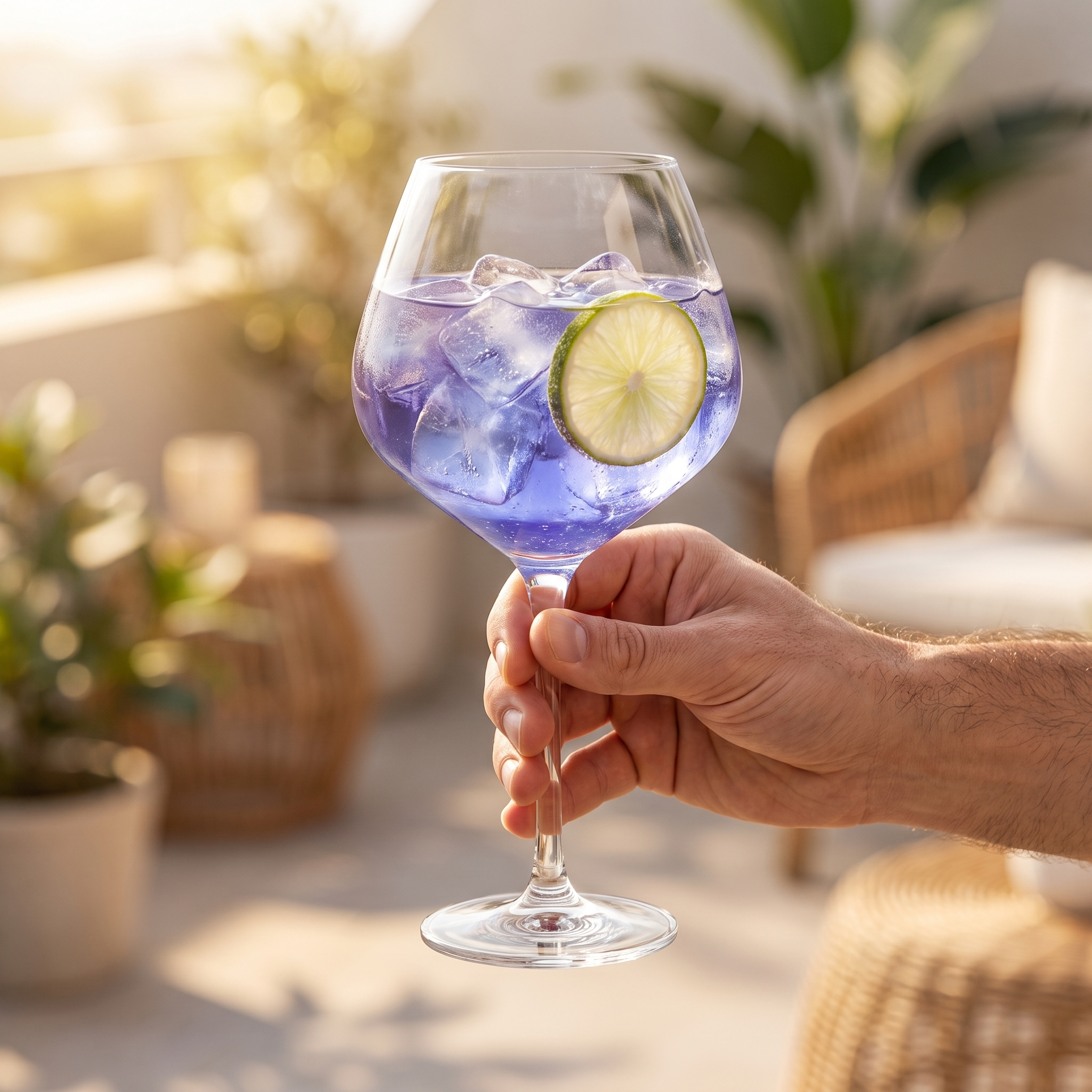 Hand houdt het gin tonic glas bij de steel vast, waardoor de grootte van het glas goed zichtbaar is