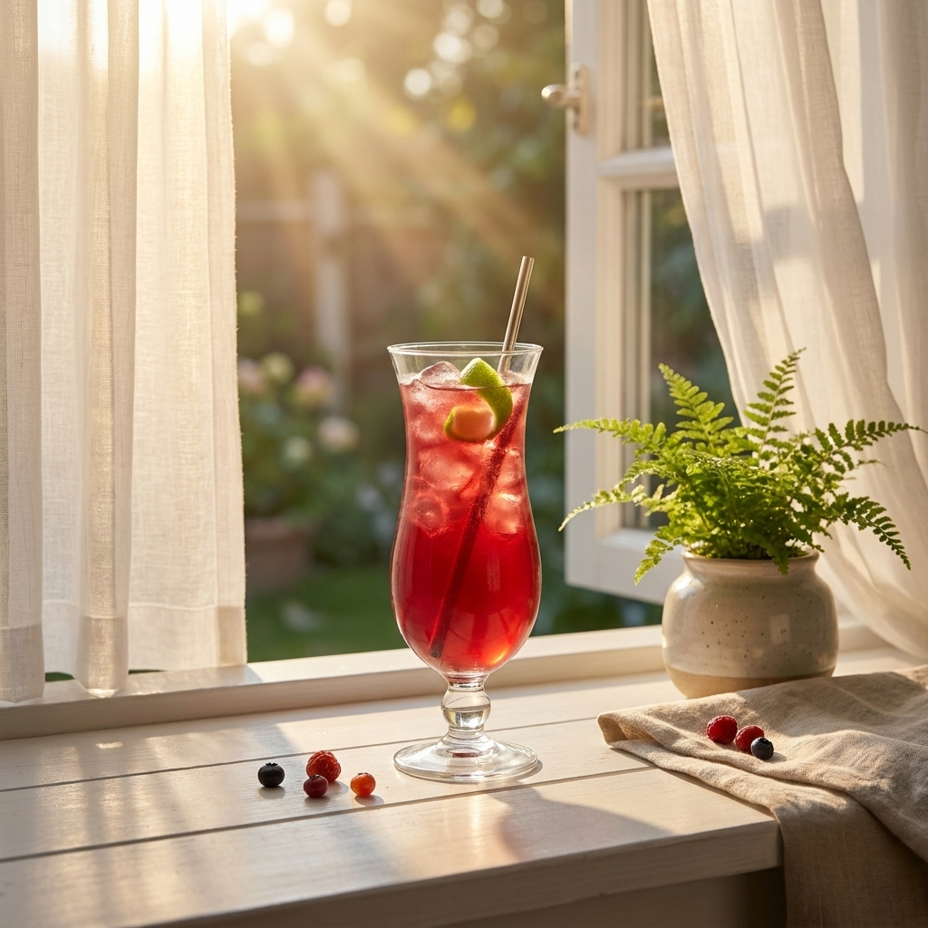 Hurricane cocktailglas met rode cocktail op een zonnige vensterbank met witte vitrage