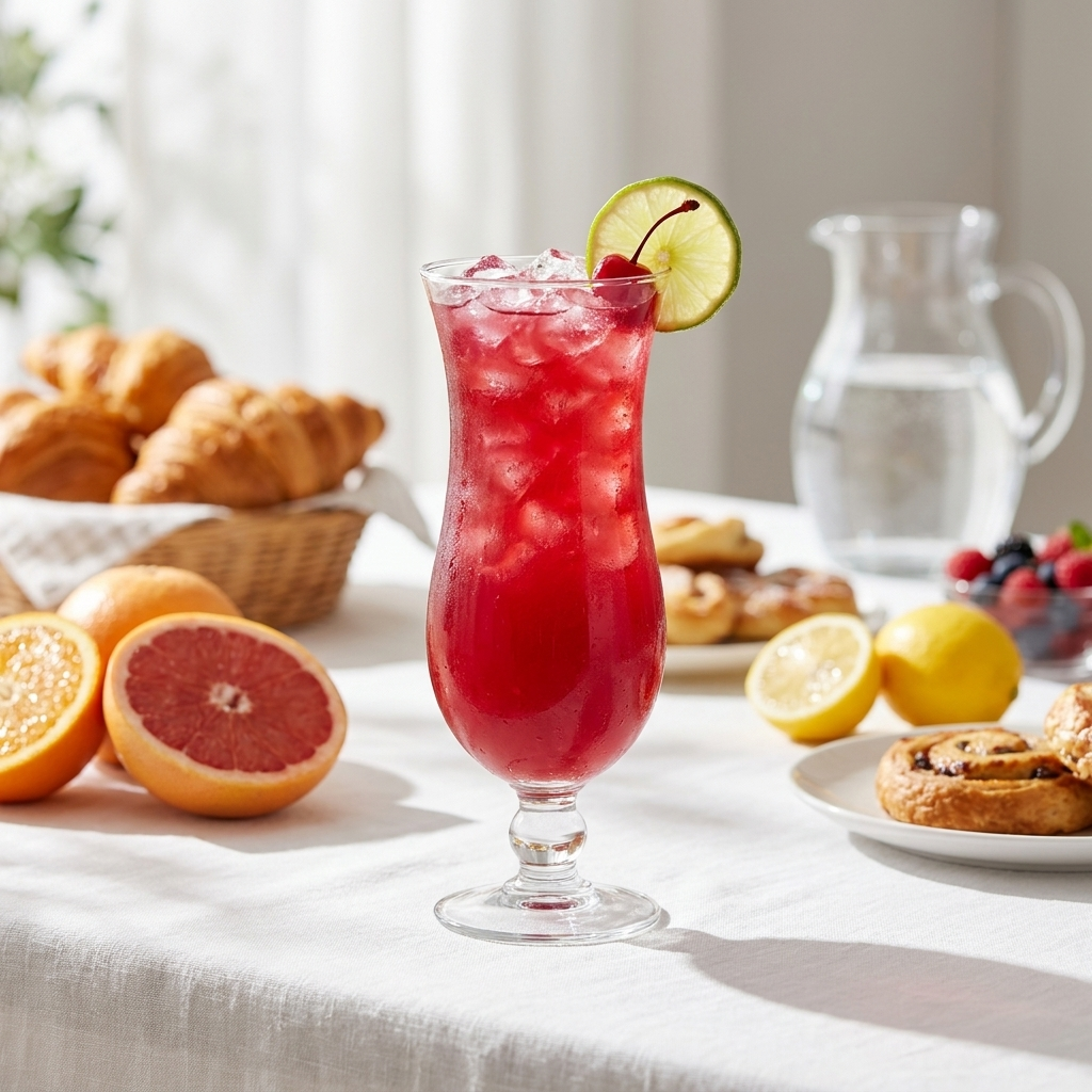 Hurricane cocktailglas met rode cocktail op een brunchtafel met citrusfruit en gebak