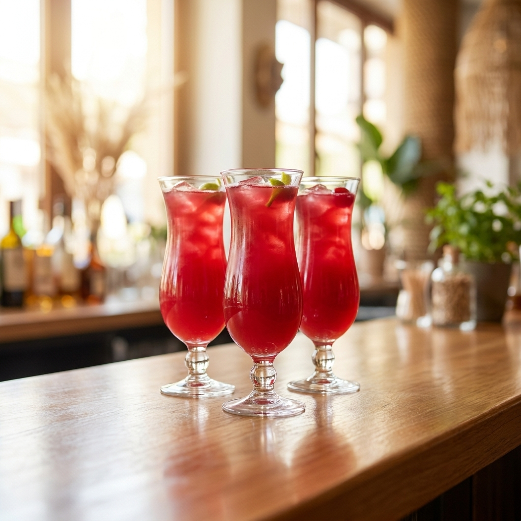 Drie Hurricane cocktailglazen met rode cocktail op een cafétoonbank