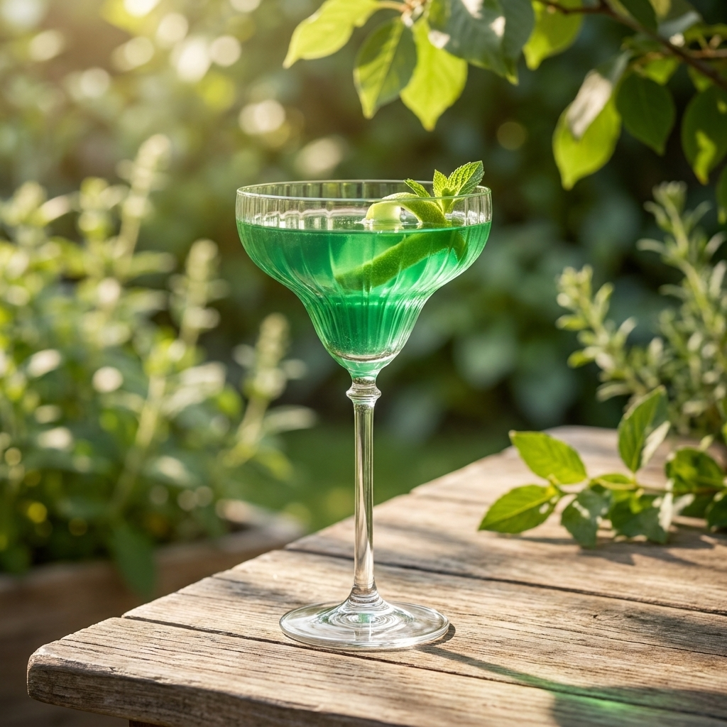 Bonheur cocktailglas met groene cocktail op een houten tuintafel in gefilterd zomerlicht