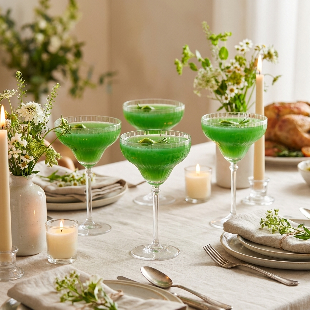 Vier Bonheur cocktailglazen met groene cocktail op een feestelijk gedekte tafel met kaarsen en bloemen