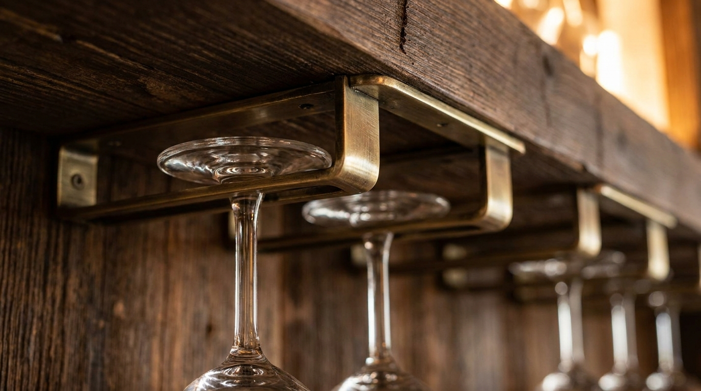 Detail van een messing glazenrek waarin twee glazen op hun voet schuiven