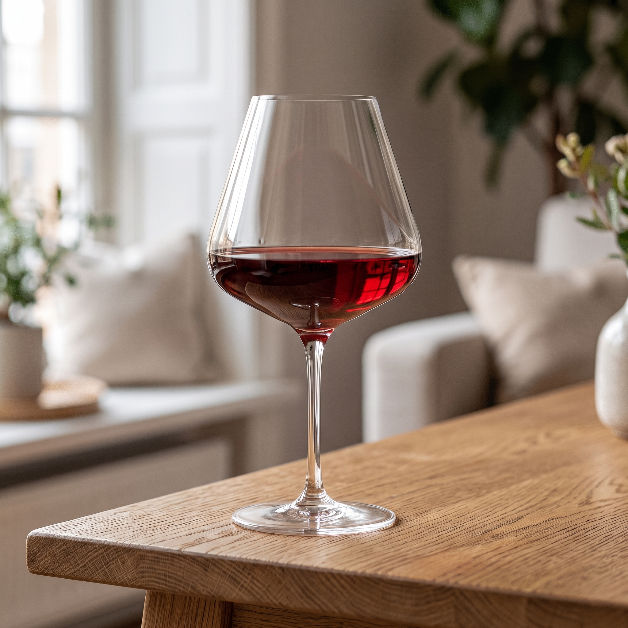 Spiegelau Definition bourgogneglas 96 cl met rode wijn op een eiken tafel bij het raam