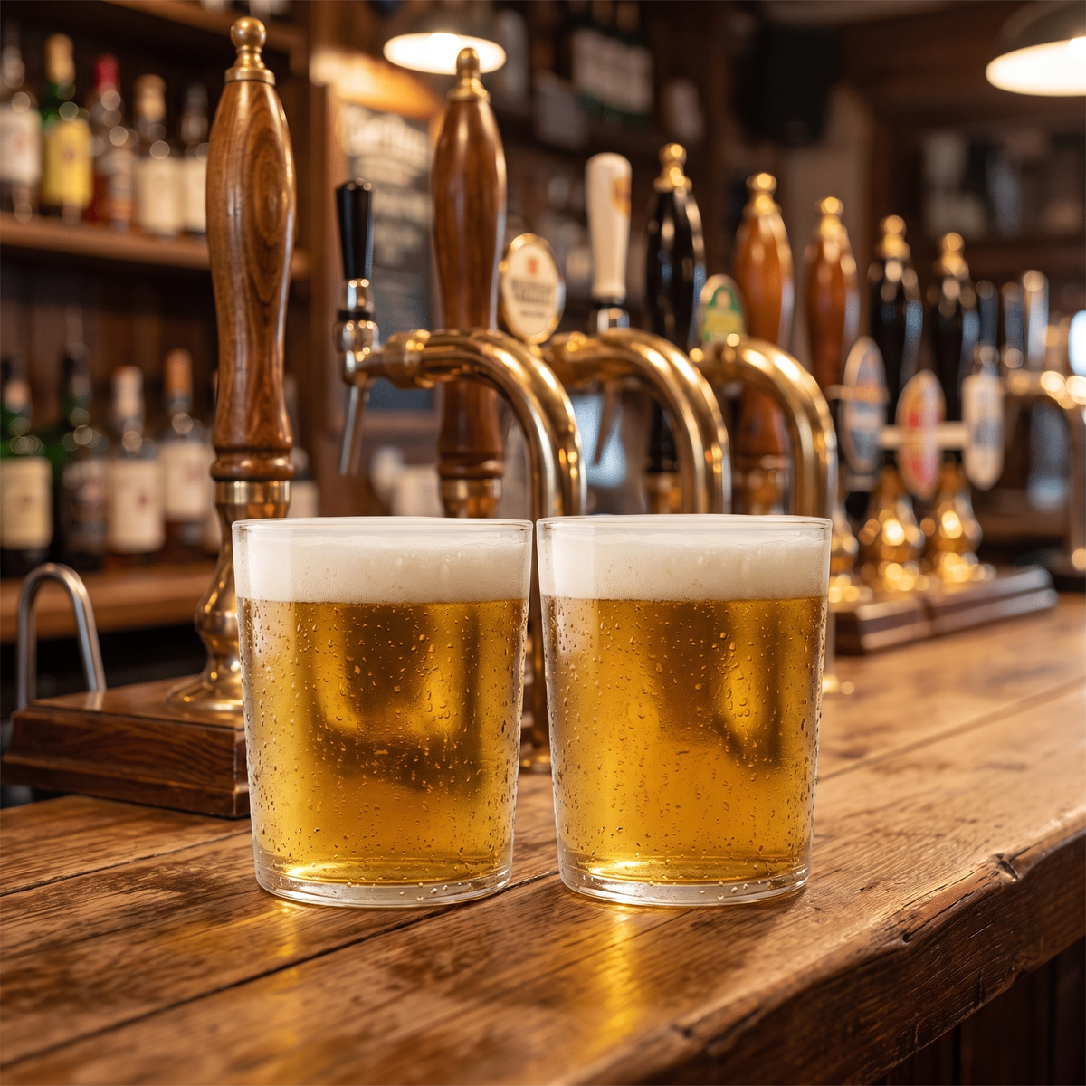 Twee Bormioli Rocco Bodega bierglazen 35 cl met bier aan de tap