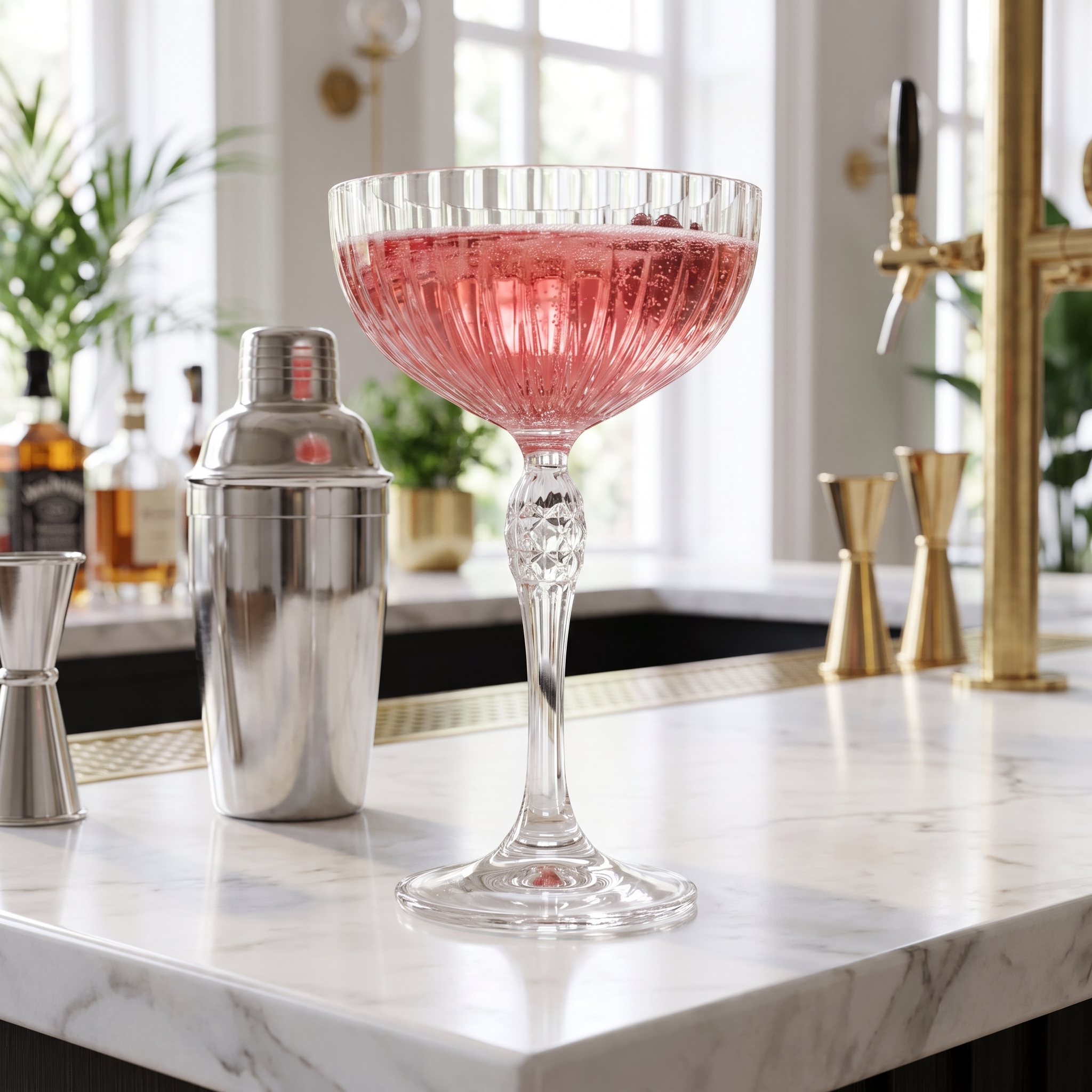 Bormioli Rocco America 20s coupe 22 cl met roze cocktail op marmer naast een shaker