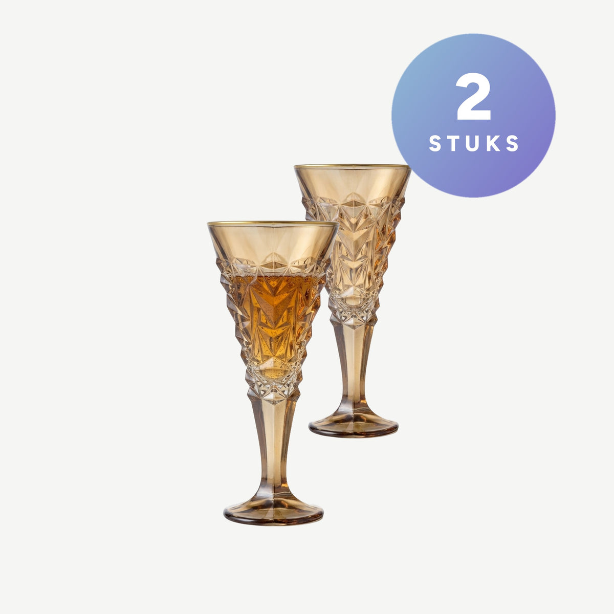 J-Line Champagneglas Reliëf Gouden Rand Groot Okergeel/Brons Assorti - 2 Stuks, setbeeld met 2 stuks