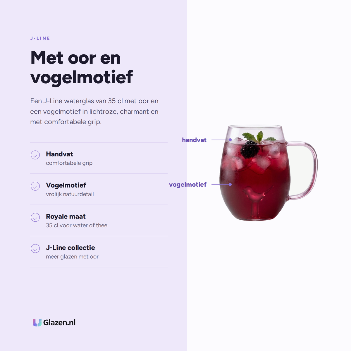 Eigenschappen van J-Line Waterglas 35 Cl Vogel met Oor Lichtroze/Transparant