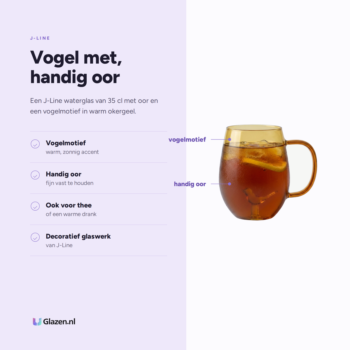 Eigenschappen van J-Line Waterglas 35 Cl Vogel met Oor Okergeel/Transparant