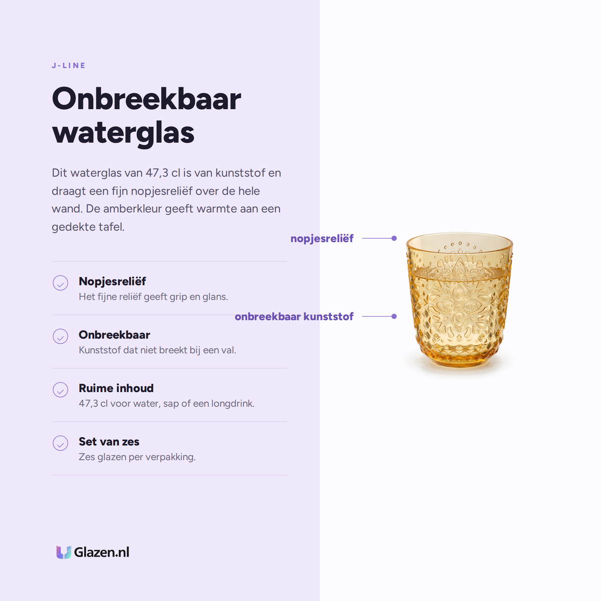 J-Line Waterglas 47,3 Cl Onbreekbaar Geel - 6 Stuks eigenschappen