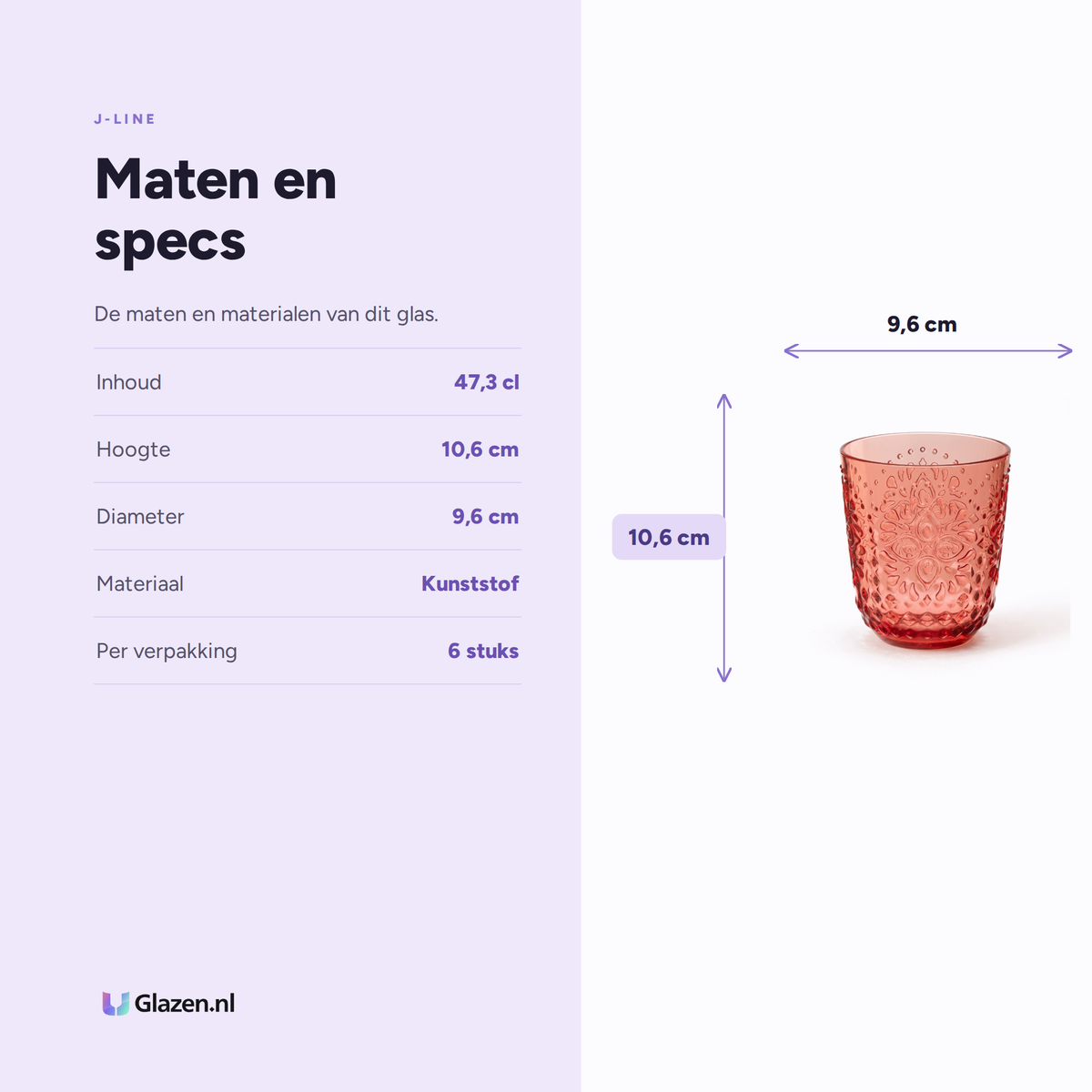J-Line Waterglas 47,3 Cl Onbreekbaar Rood - 6 Stuks specificaties